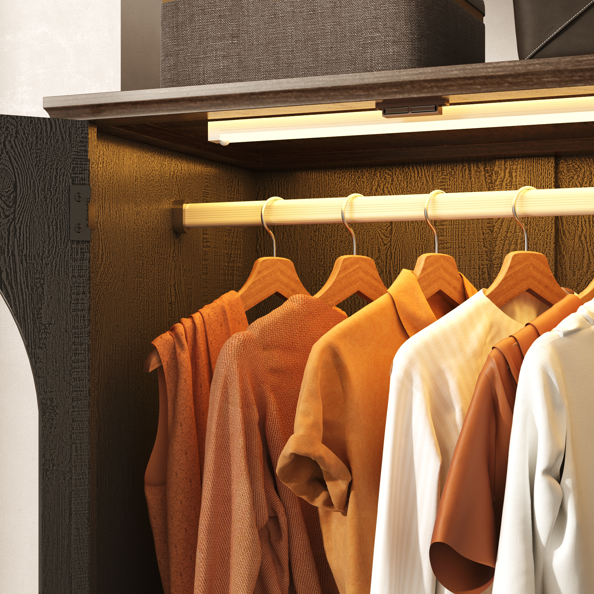 2 Glass Doors Armoire Wardrobe Closet with 2 Drawer & LED Sensor Light, 72"H Arch design Clothing Storage Cabinet with Hanging Rod for Bedroom