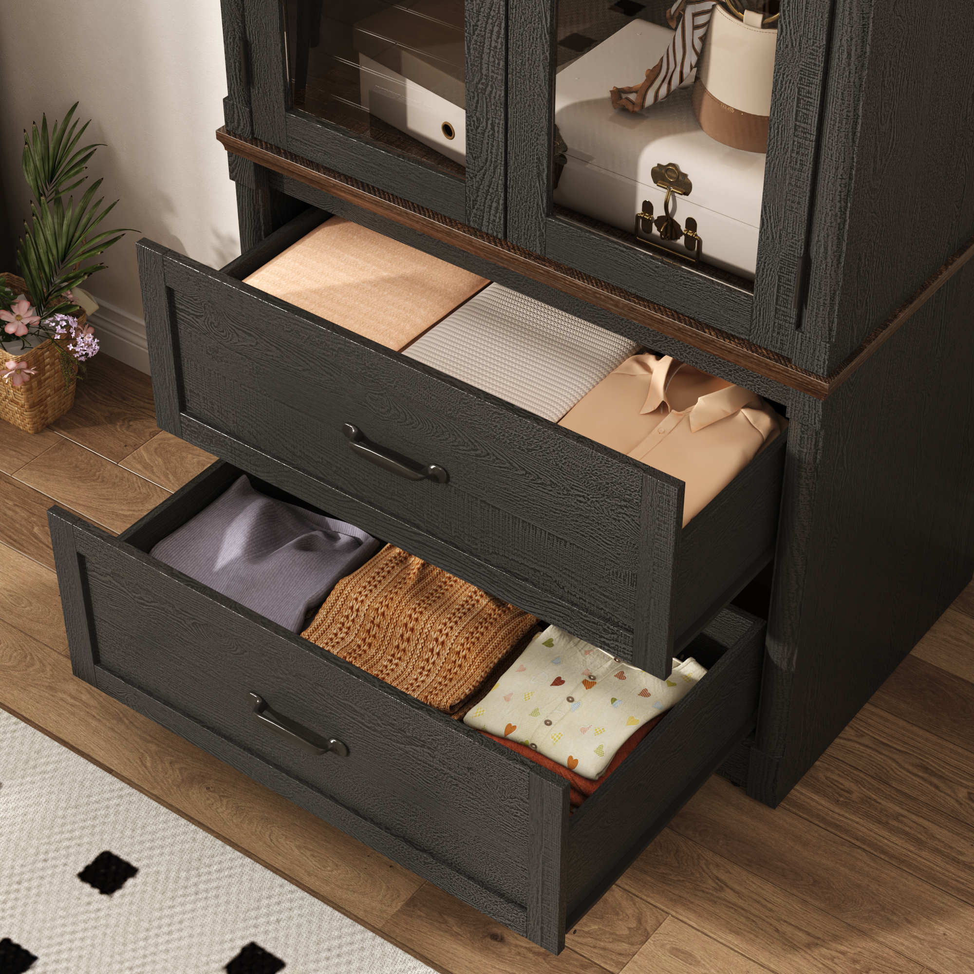 2 Glass Doors Armoire Wardrobe Closet with 2 Drawer & LED Sensor Light, 72"H Arch design Clothing Storage Cabinet with Hanging Rod for Bedroom