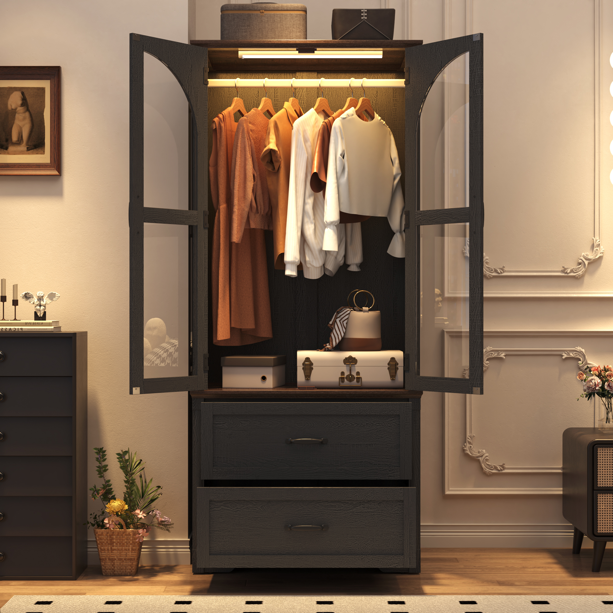 2 Glass Doors Armoire Wardrobe Closet with 2 Drawer & LED Sensor Light, 72"H Arch design Clothing Storage Cabinet with Hanging Rod for Bedroom