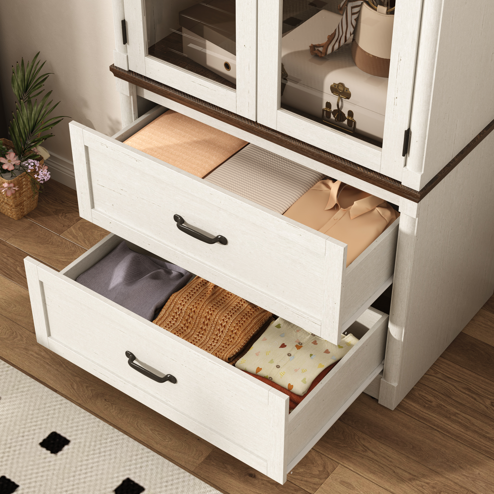 2 Glass Doors Armoire Wardrobe Closet with 2 Drawer & LED Sensor Light, 72"H Arch design Clothing Storage Cabinet with Hanging Rod for Bedroom