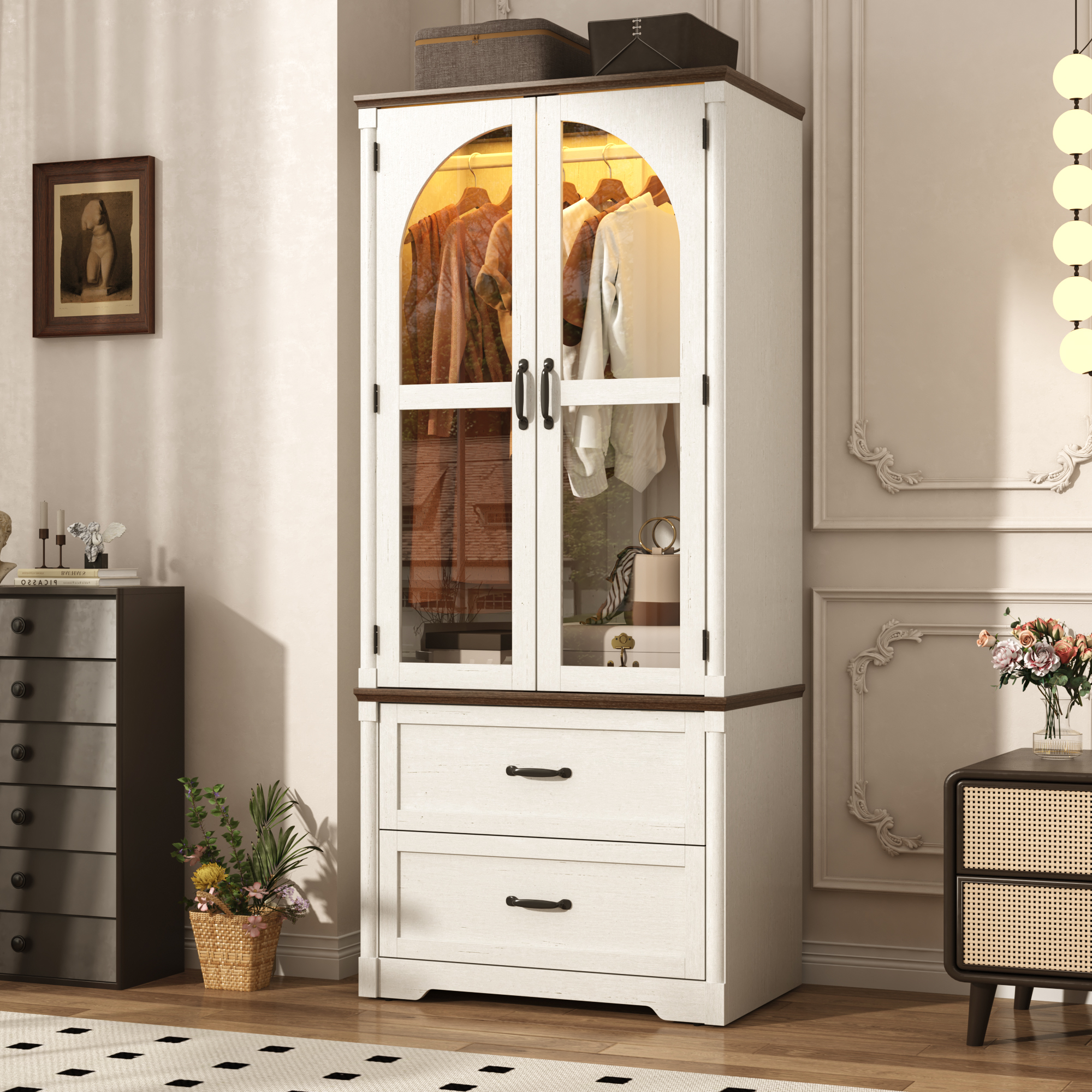 2 Glass Doors Armoire Wardrobe Closet with 2 Drawer & LED Sensor Light, 72"H Arch design Clothing Storage Cabinet with Hanging Rod for Bedroom