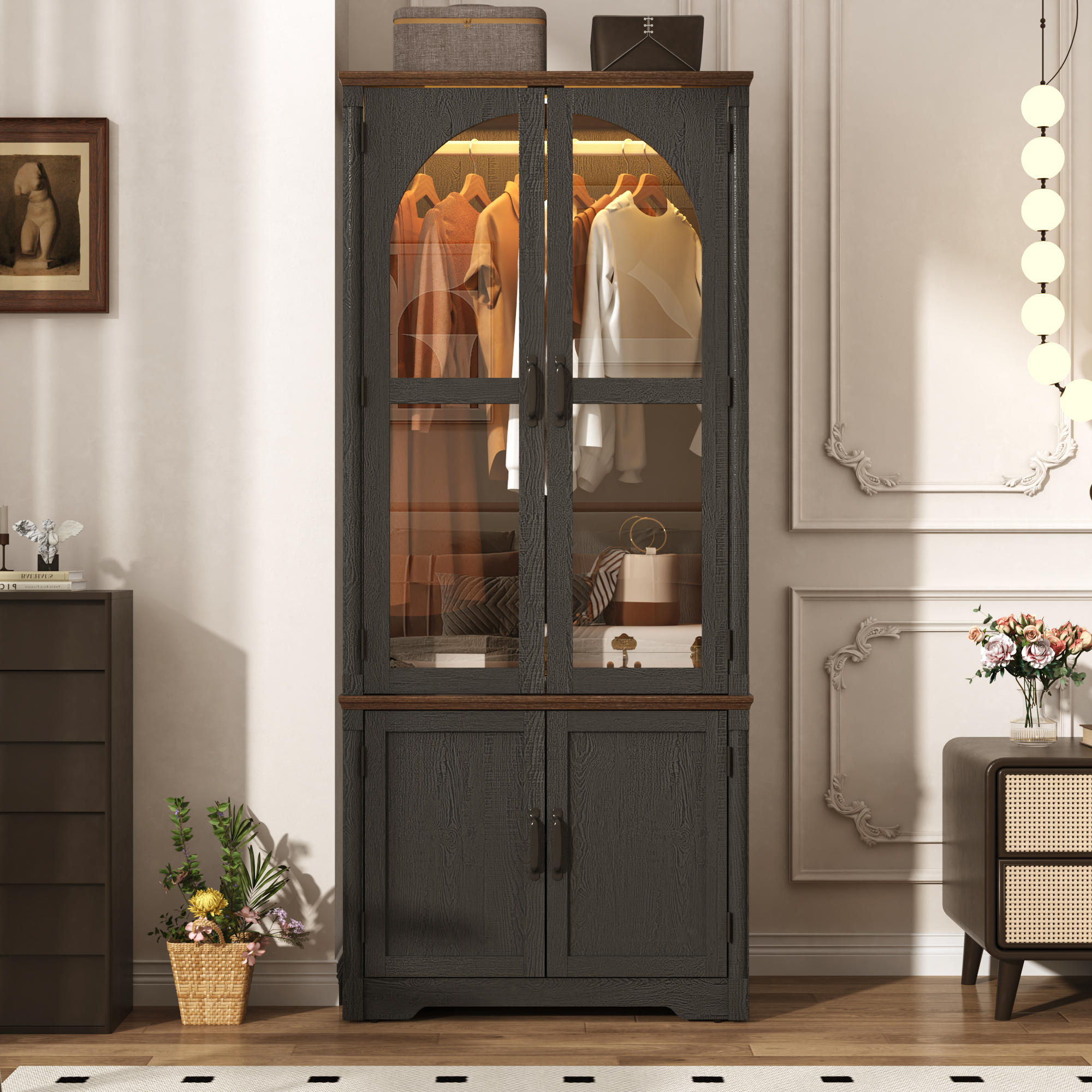2 Glass Doors Armoire Wardrobe Closet with 2 Drawer & LED Sensor Light, 72"H Arch design Clothing Storage Cabinet with Hanging Rod for Bedroom
