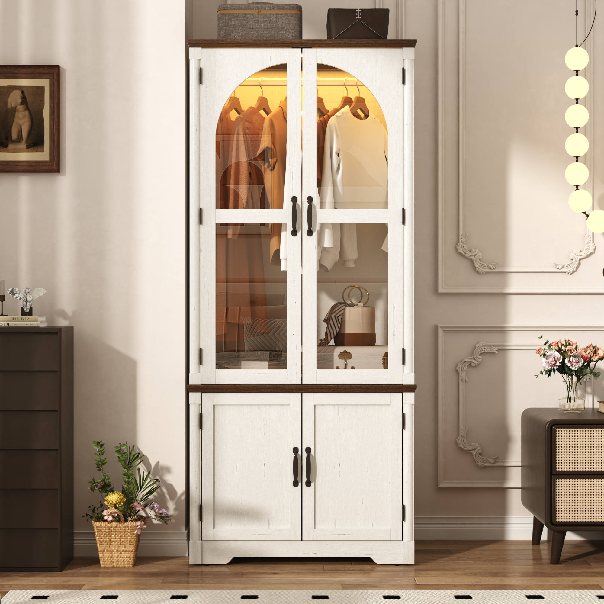 2 Glass Doors Armoire Wardrobe Closet with 2 Drawer & LED Sensor Light, 72"H Arch design Clothing Storage Cabinet with Hanging Rod for Bedroom