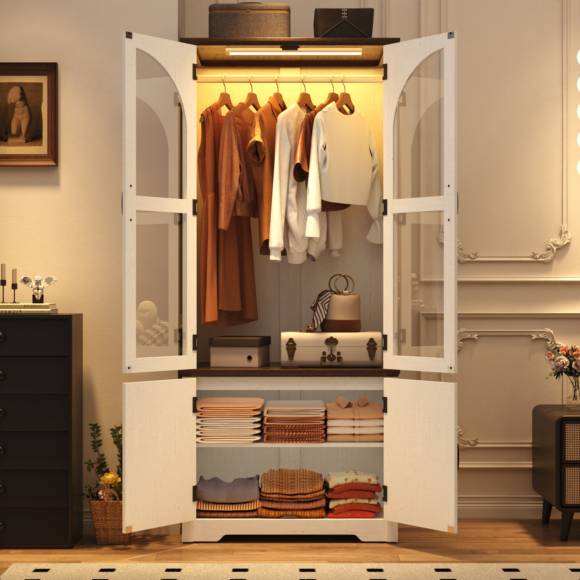 2 Glass Doors Armoire Wardrobe Closet with 2 Drawer & LED Sensor Light, 72"H Arch design Clothing Storage Cabinet with Hanging Rod for Bedroom