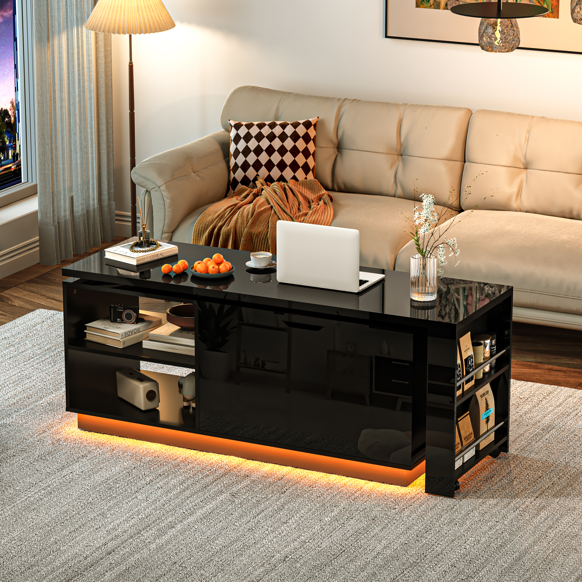 ANPOO 360°High Gloss Rotating Lift Top Coffee Table with LED Light, Modern Extendable Coffee Table with Hydraulic Lifter, Hidden Storage & Open Shelves, Multi-Functional Center Table for Living Room