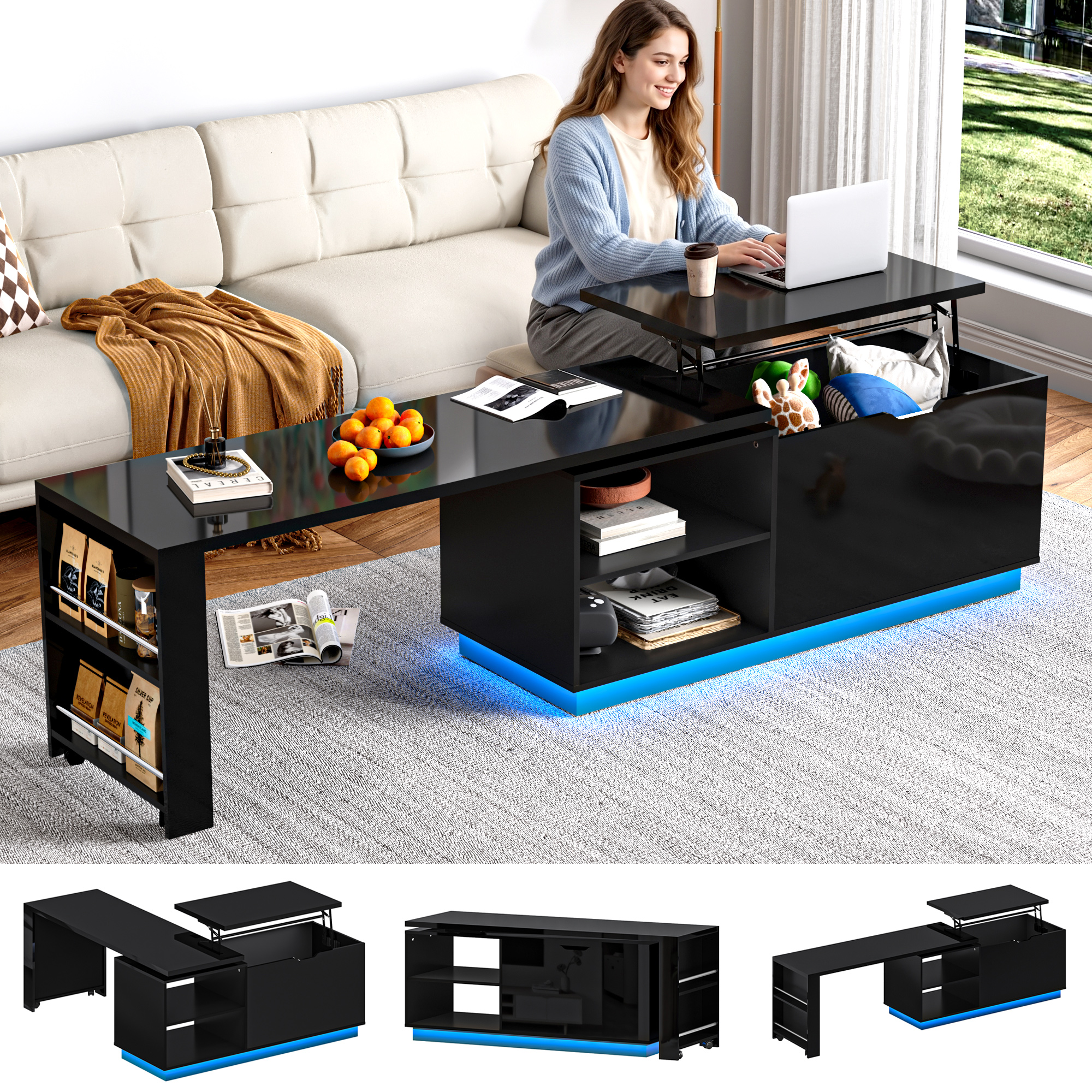 ANPOO 360°High Gloss Rotating Lift Top Coffee Table with LED Light, Modern Extendable Coffee Table with Hydraulic Lifter, Hidden Storage & Open Shelves, Multi-Functional Center Table for Living Room