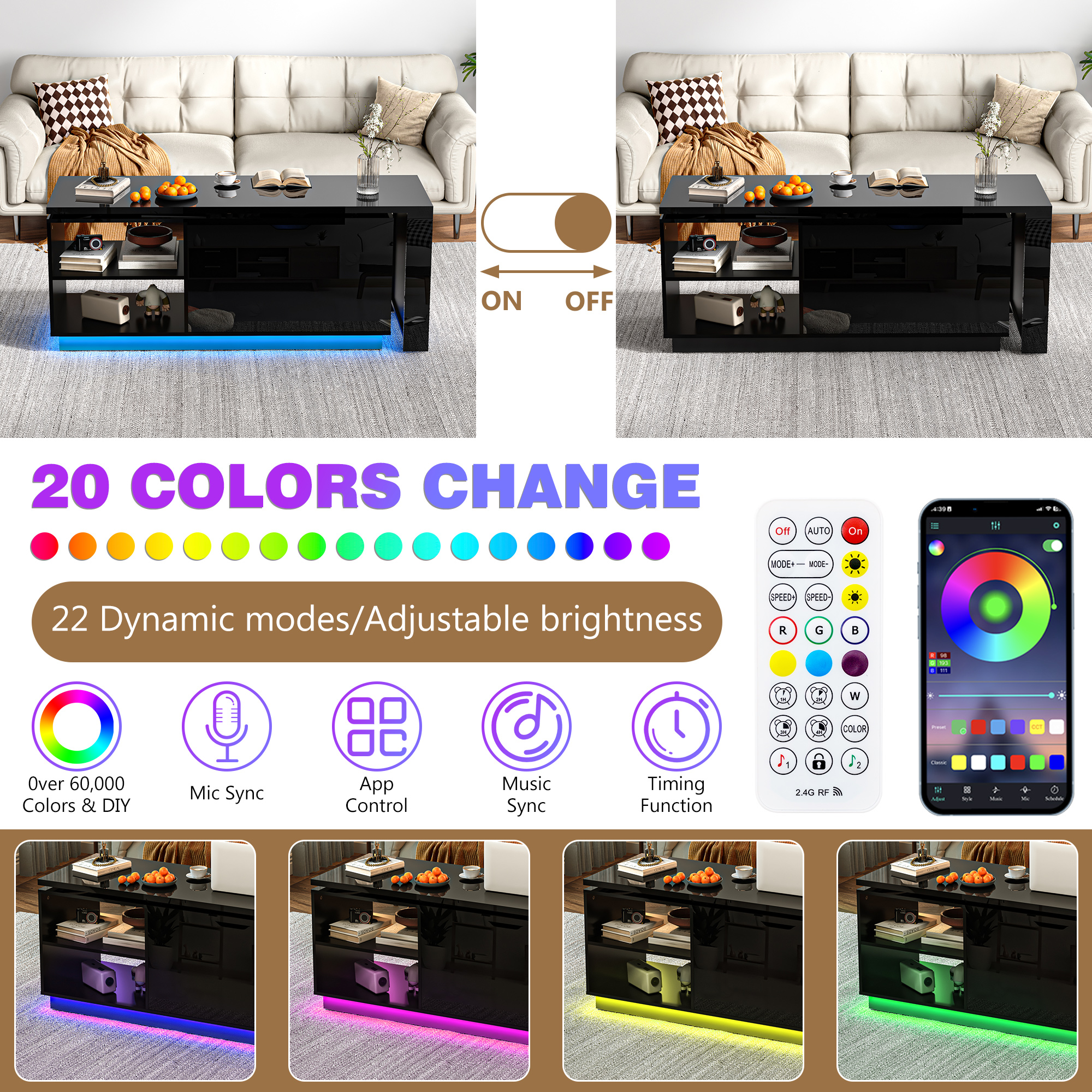 ANPOO 360°High Gloss Rotating Lift Top Coffee Table with LED Light, Modern Extendable Coffee Table with Hydraulic Lifter, Hidden Storage & Open Shelves, Multi-Functional Center Table for Living Room