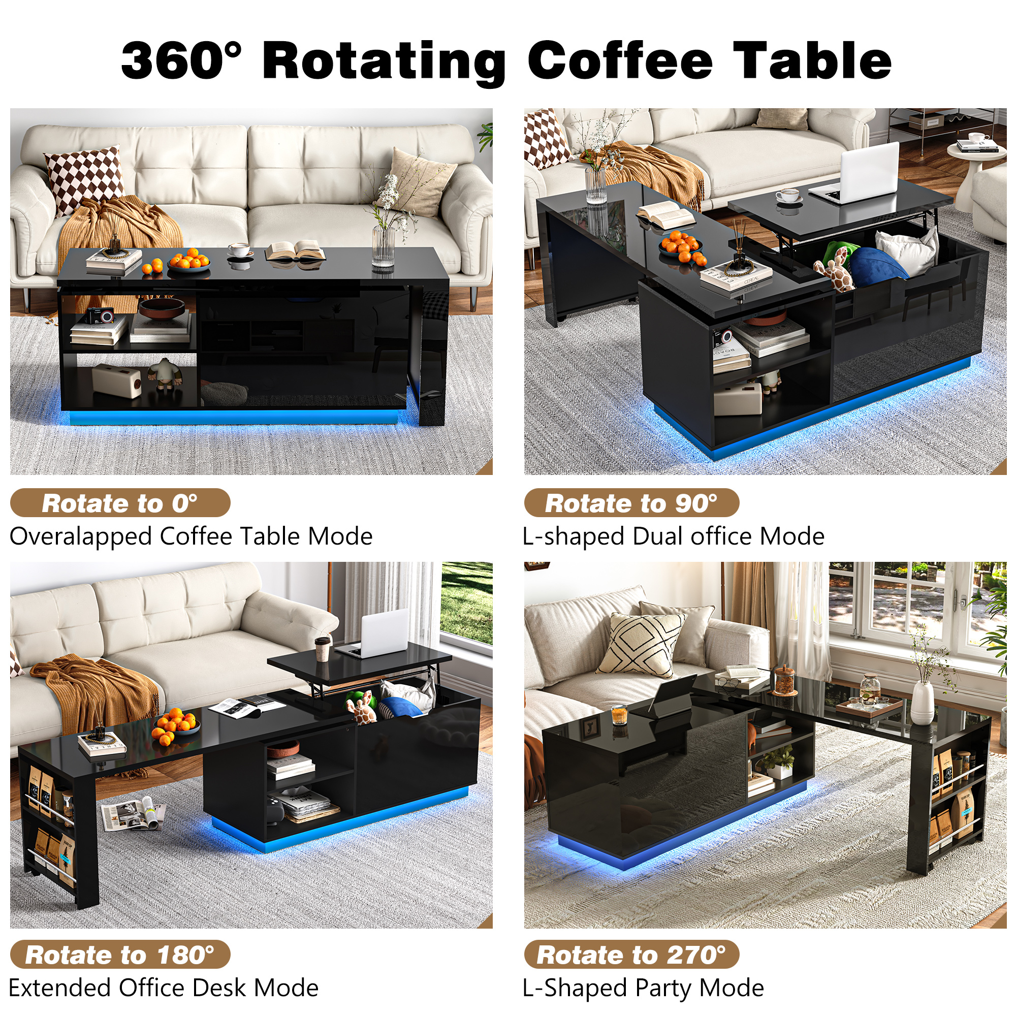 ANPOO 360°High Gloss Rotating Lift Top Coffee Table with LED Light, Modern Extendable Coffee Table with Hydraulic Lifter, Hidden Storage & Open Shelves, Multi-Functional Center Table for Living Room