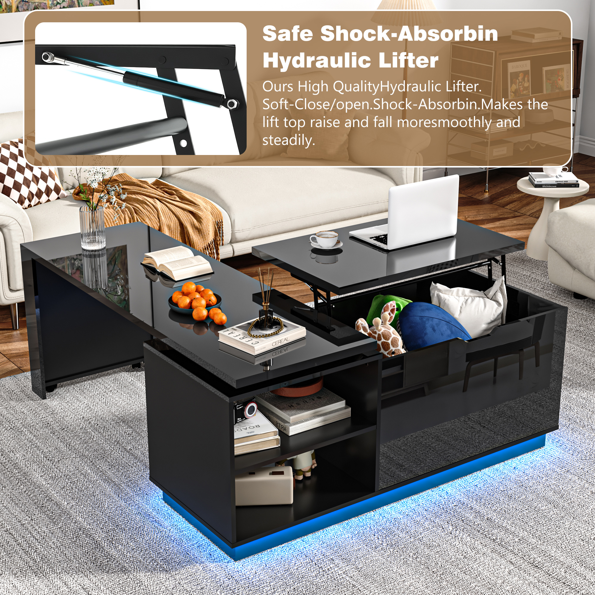 ANPOO 360°High Gloss Rotating Lift Top Coffee Table with LED Light, Modern Extendable Coffee Table with Hydraulic Lifter, Hidden Storage & Open Shelves, Multi-Functional Center Table for Living Room