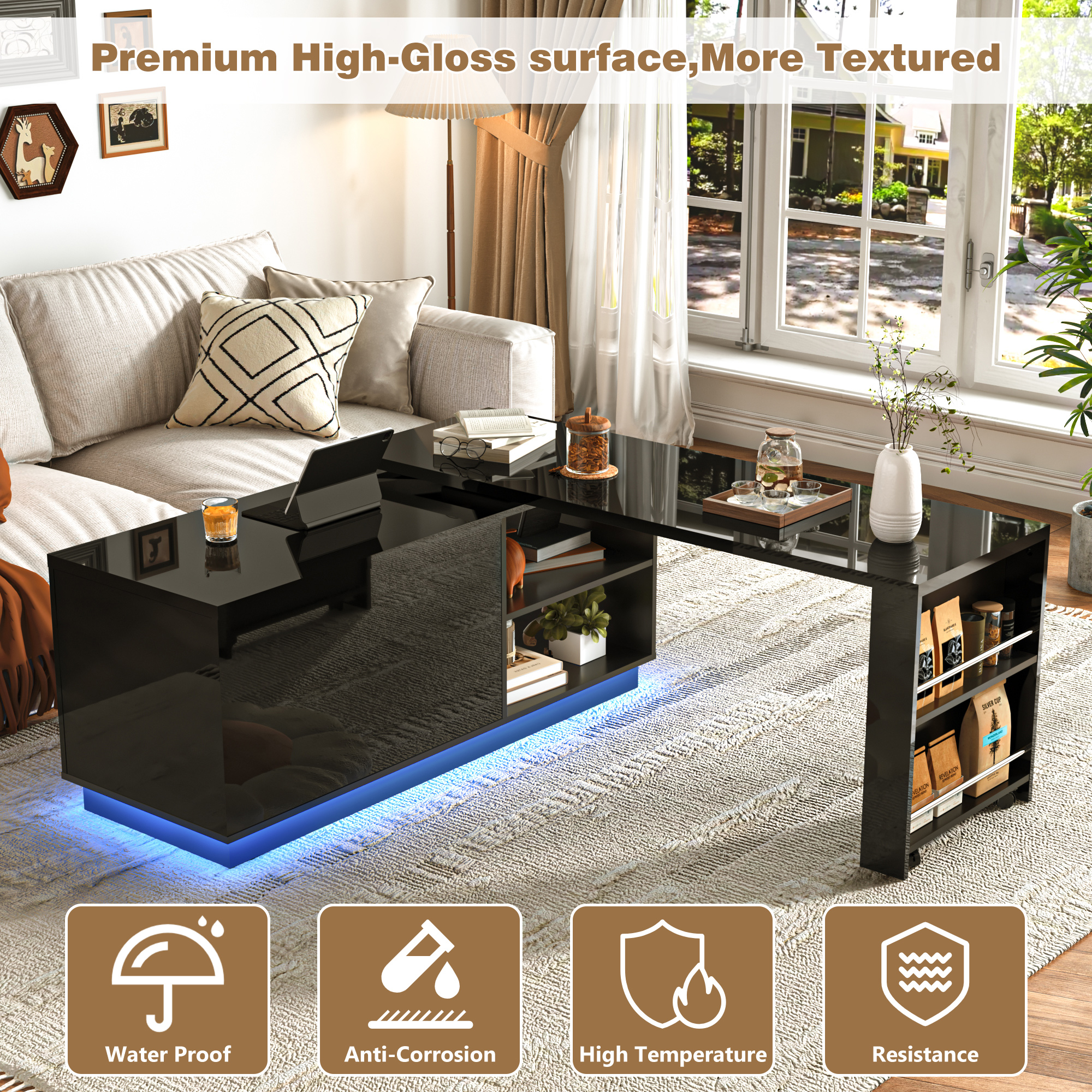 ANPOO 360°High Gloss Rotating Lift Top Coffee Table with LED Light, Modern Extendable Coffee Table with Hydraulic Lifter, Hidden Storage & Open Shelves, Multi-Functional Center Table for Living Room
