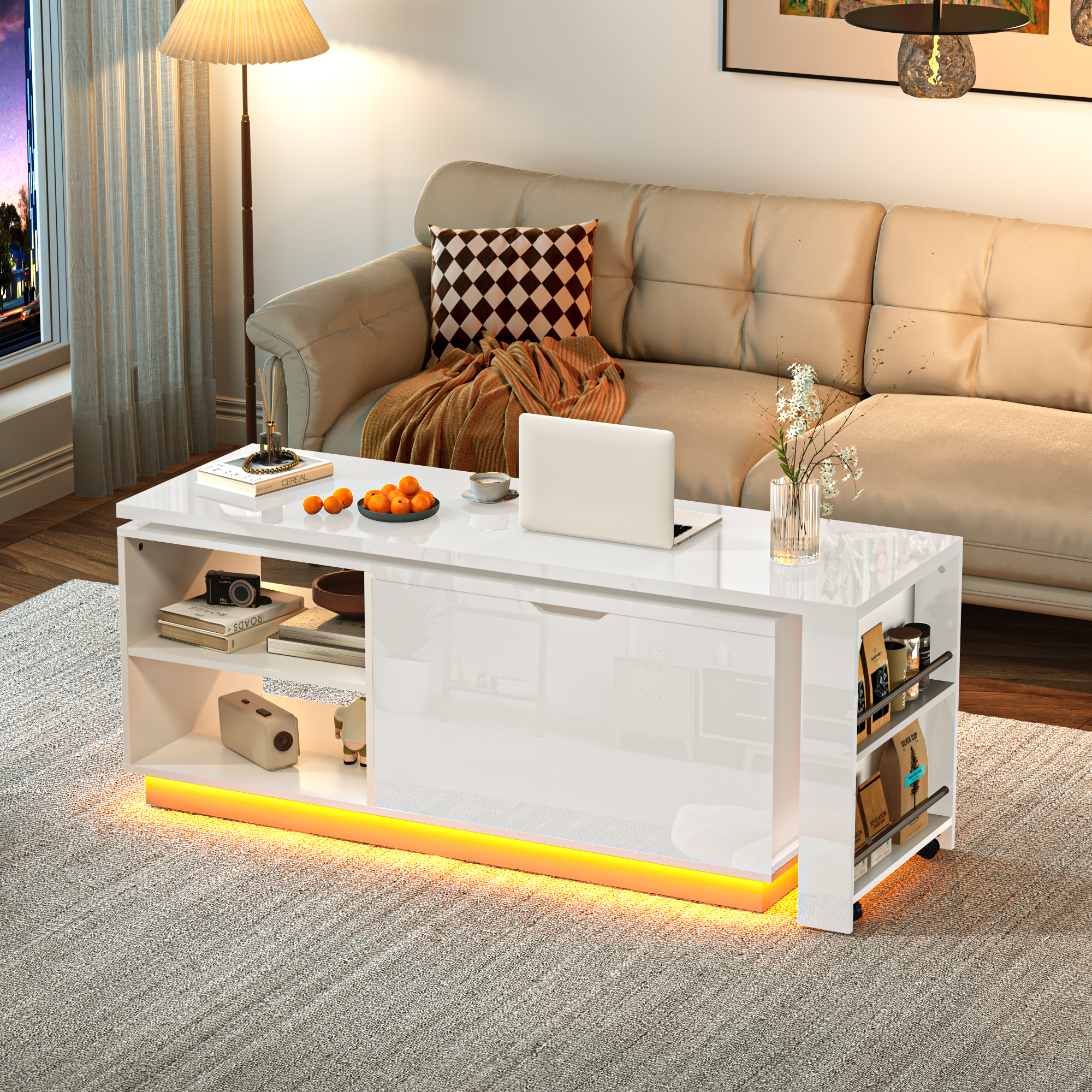 ANPOO 360°High Gloss Rotating Lift Top Coffee Table with LED Light, Modern Extendable Coffee Table with Hydraulic Lifter, Hidden Storage & Open Shelves, Multi-Functional Center Table for Living Room