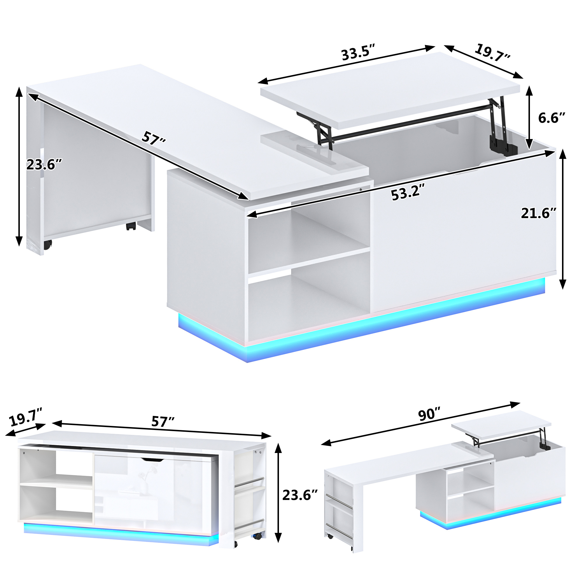 ANPOO 360°High Gloss Rotating Lift Top Coffee Table with LED Light, Modern Extendable Coffee Table with Hydraulic Lifter, Hidden Storage & Open Shelves, Multi-Functional Center Table for Living Room