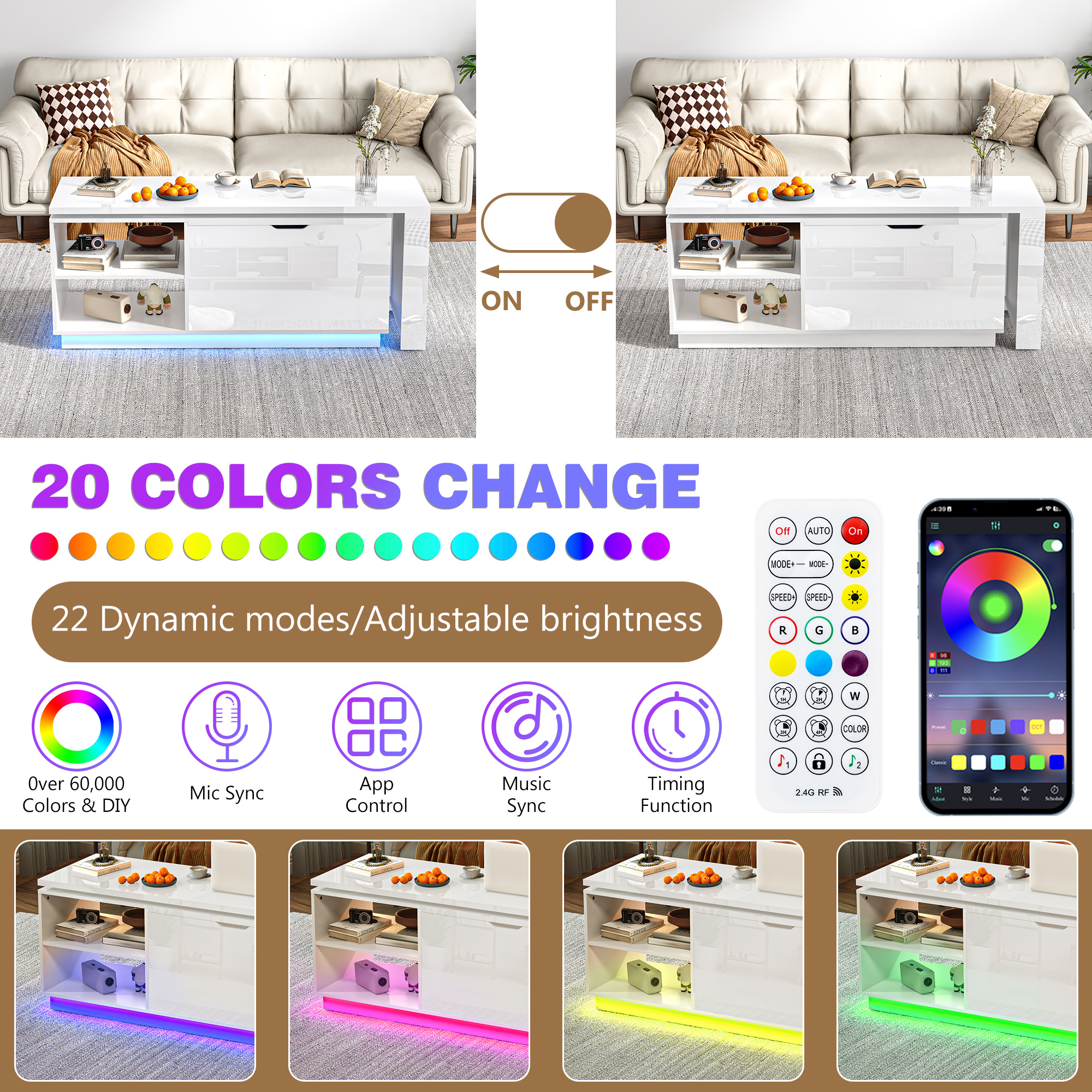 ANPOO 360°High Gloss Rotating Lift Top Coffee Table with LED Light, Modern Extendable Coffee Table with Hydraulic Lifter, Hidden Storage & Open Shelves, Multi-Functional Center Table for Living Room