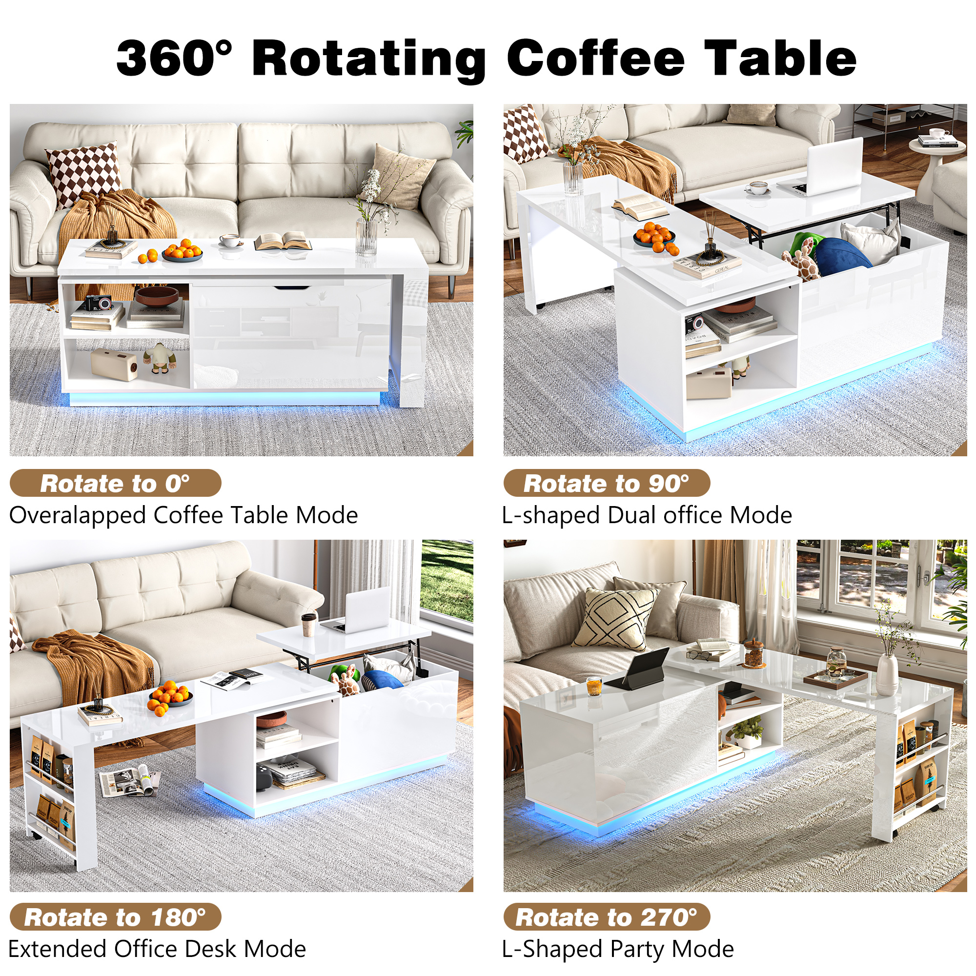 ANPOO 360°High Gloss Rotating Lift Top Coffee Table with LED Light, Modern Extendable Coffee Table with Hydraulic Lifter, Hidden Storage & Open Shelves, Multi-Functional Center Table for Living Room