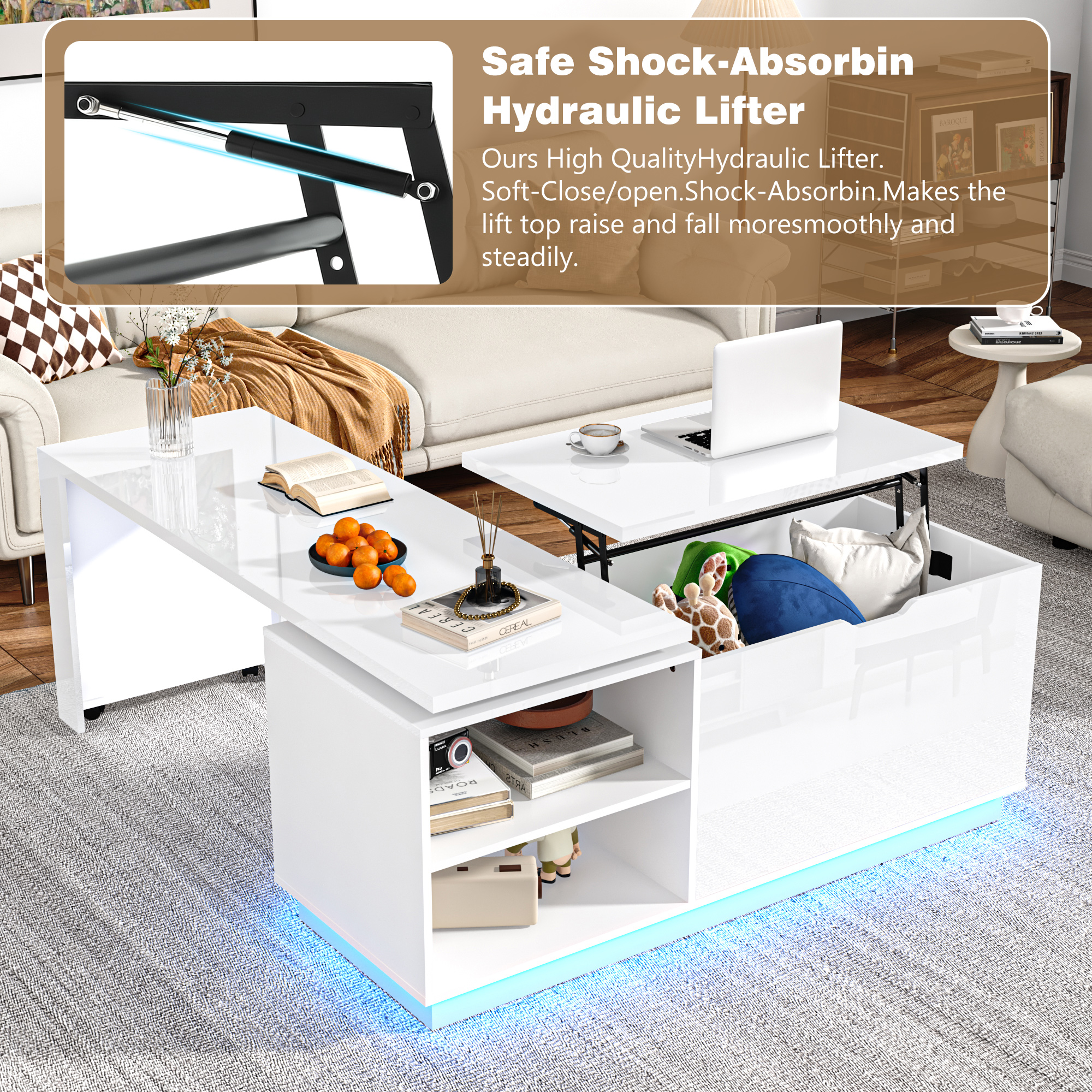 ANPOO 360°High Gloss Rotating Lift Top Coffee Table with LED Light, Modern Extendable Coffee Table with Hydraulic Lifter, Hidden Storage & Open Shelves, Multi-Functional Center Table for Living Room