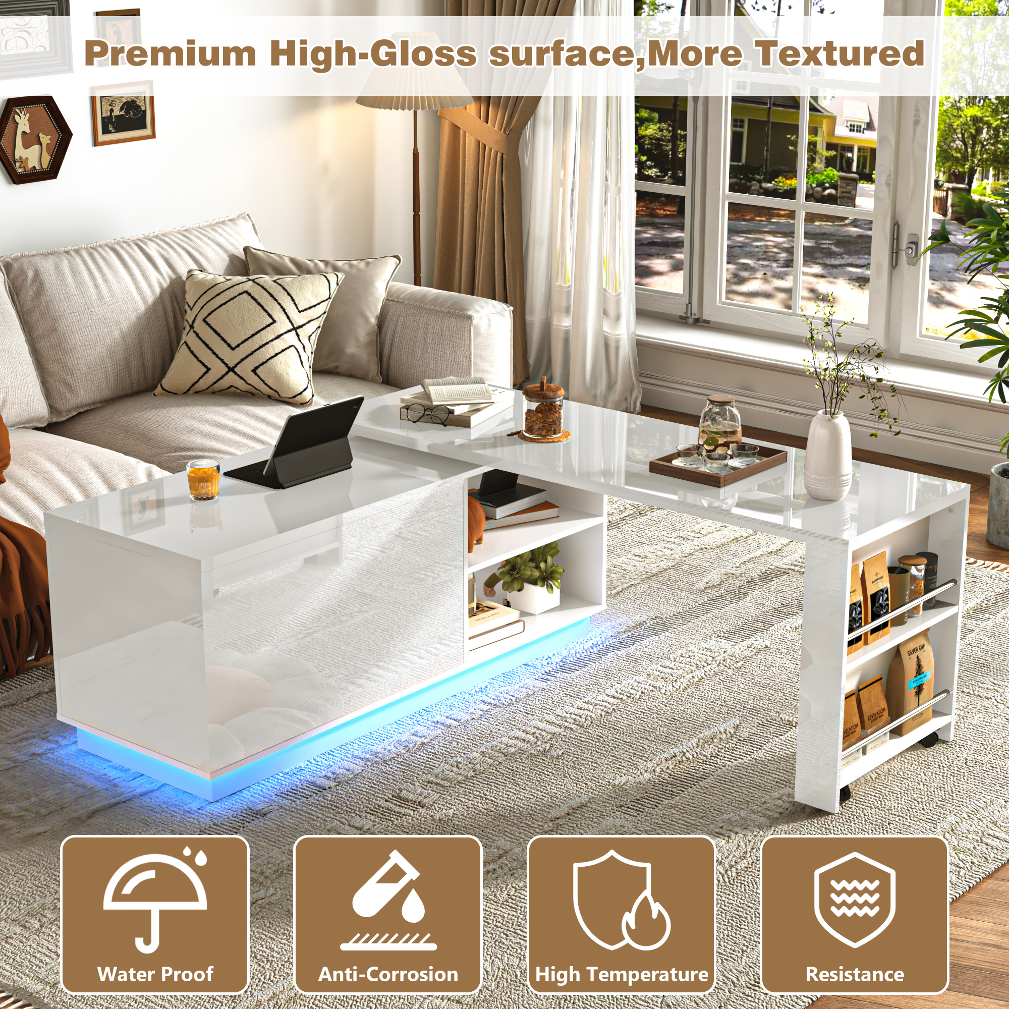 ANPOO 360°High Gloss Rotating Lift Top Coffee Table with LED Light, Modern Extendable Coffee Table with Hydraulic Lifter, Hidden Storage & Open Shelves, Multi-Functional Center Table for Living Room