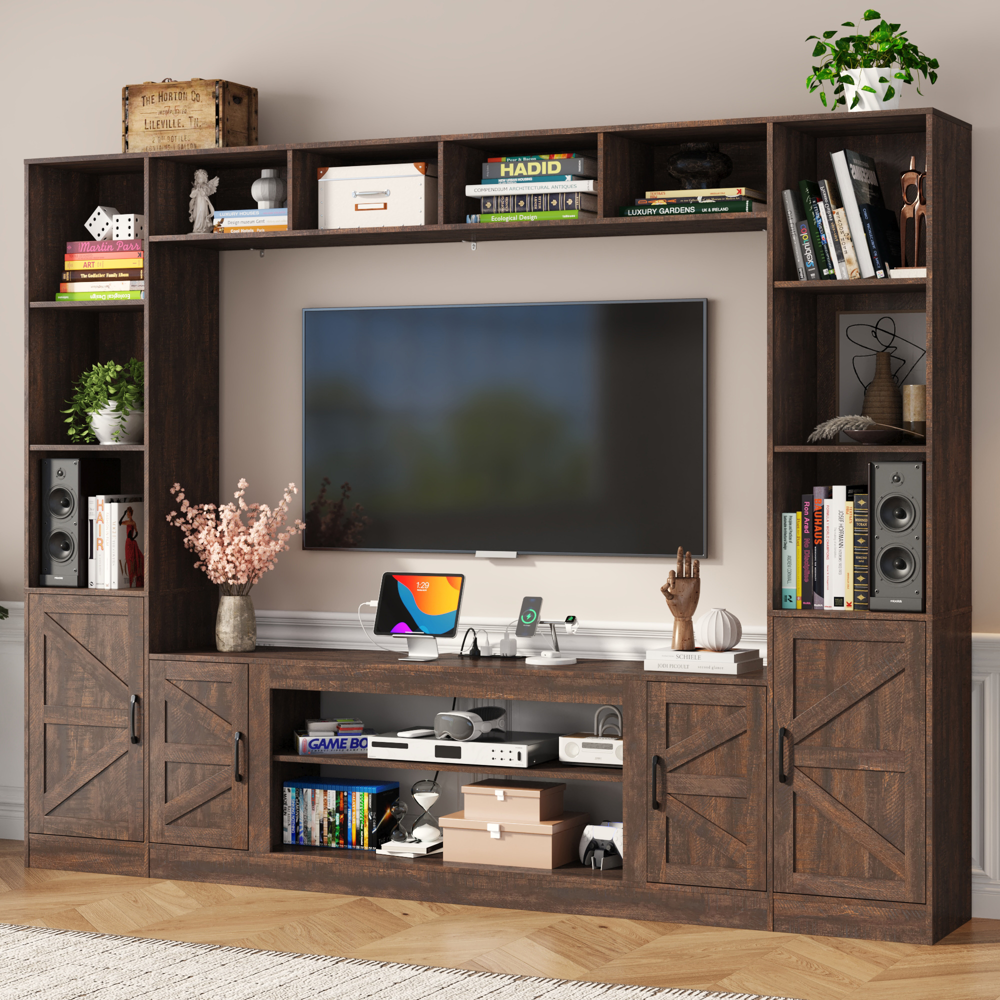 ChVans 103" Rustic TV Farmhouse Wall Unit Entertainment Center for TVs up to 80", Large Wall Unit TV Stand with Bookshelves, Charging Station & Sliding Barn Door Cabinets