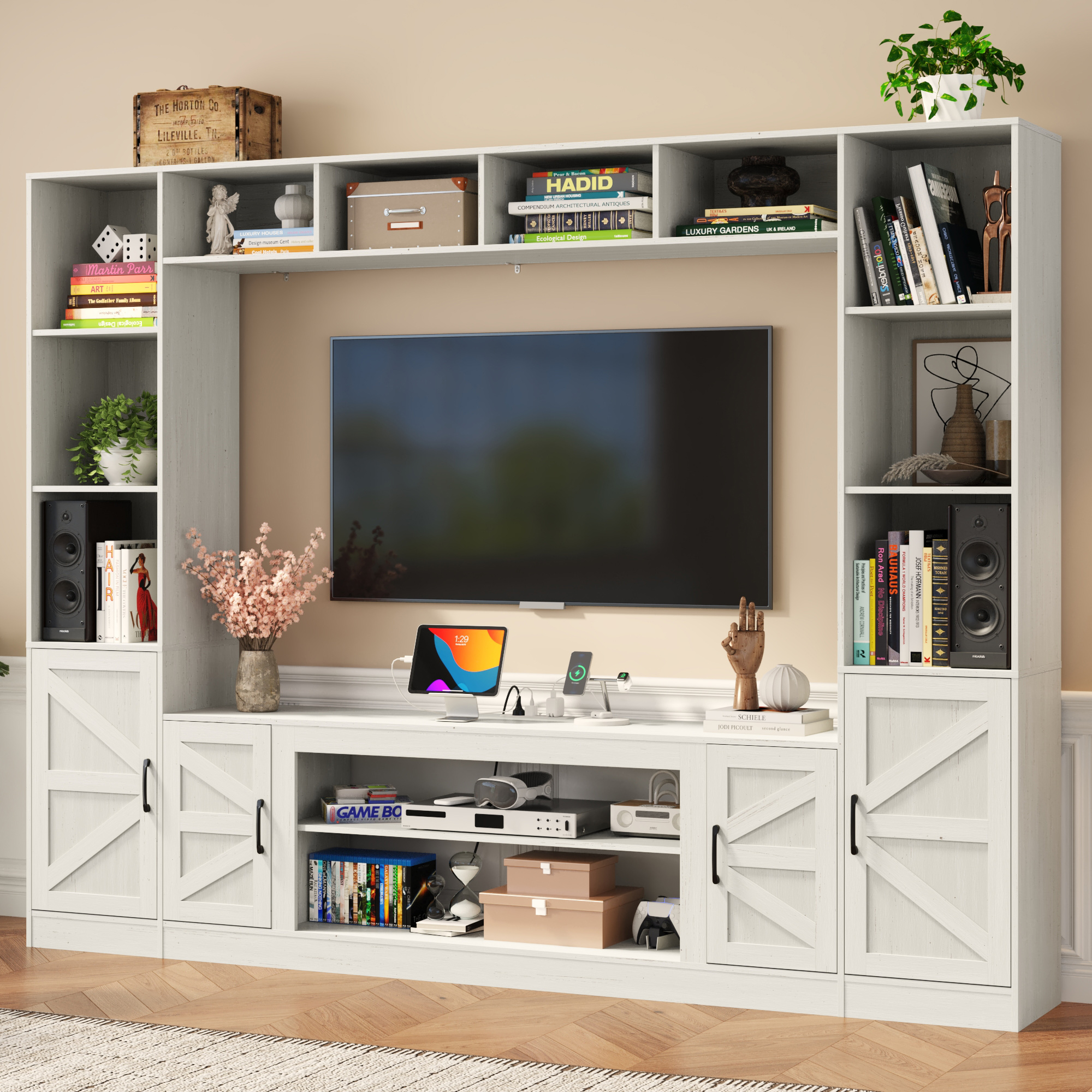 ChVans 103" Rustic TV Farmhouse Wall Unit Entertainment Center for TVs up to 80", Large Wall Unit TV Stand with Bookshelves, Charging Station & Sliding Barn Door Cabinets