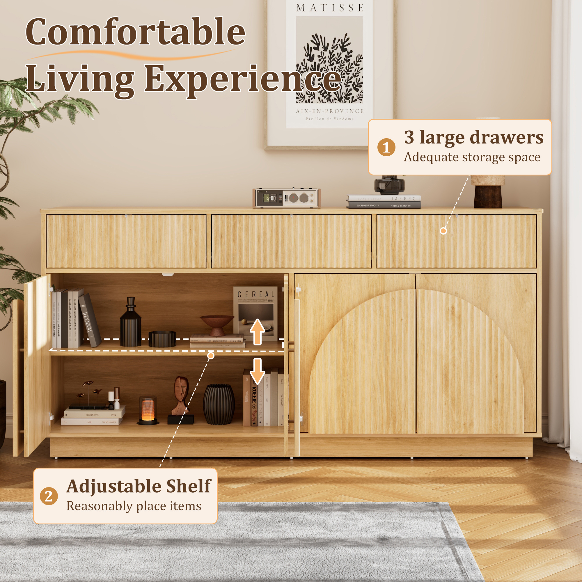 Aphthongs Modern Fluted Sideboard Cabinet, 65" W Symmetrical Arc Accent Sideboard Buffet Cabinet with Storage & 3 Drawers, Fluted Buffet Cabinet, Credenza, Wood Mid Century Cabinet