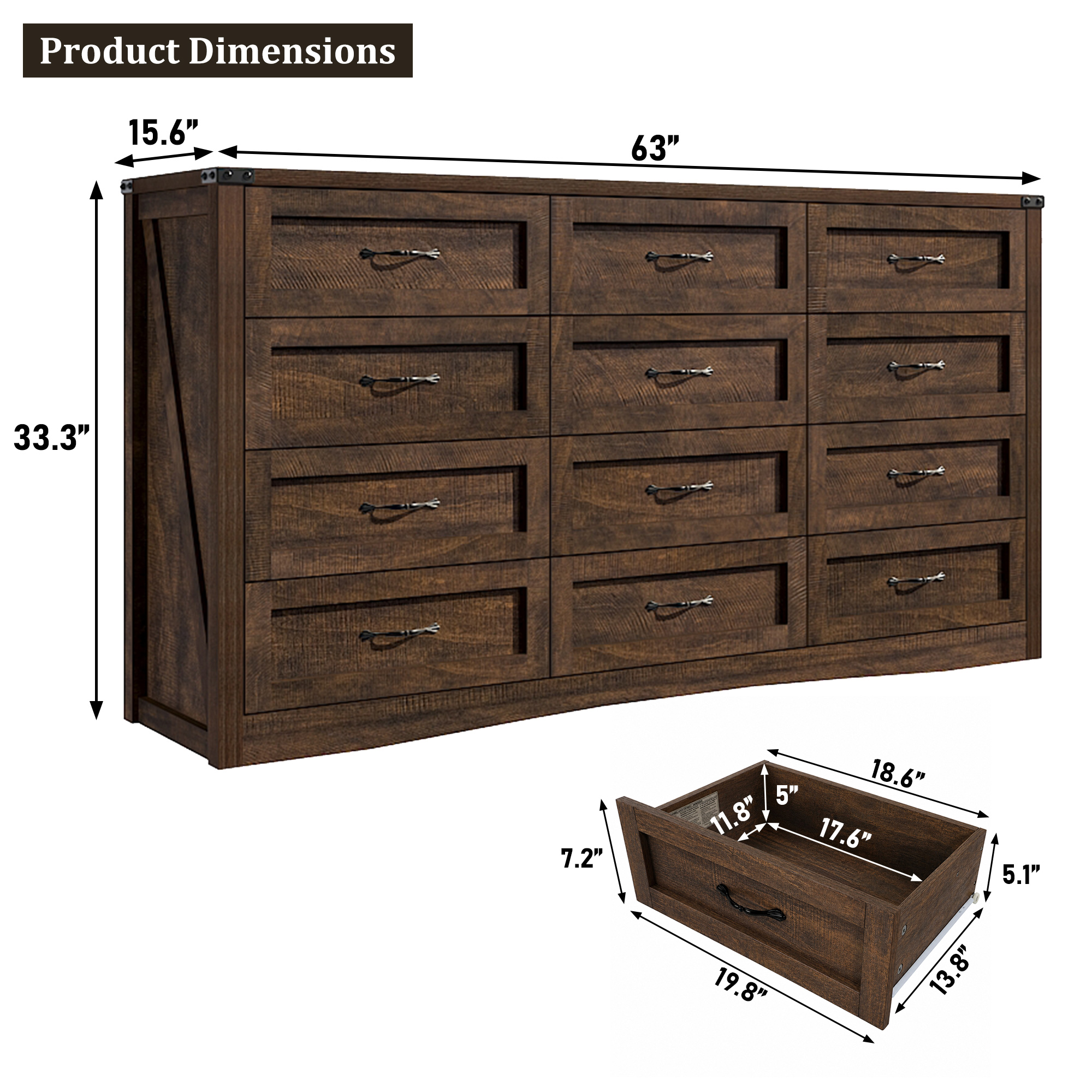 ANPOO 63 Inch Wide Rustic Farmhouse 12 Drawer Dresser, Vintage Wood Chest with Built-in Multi Power Outlet, Wood Dresser for Bedroom, Living Room, Hallway