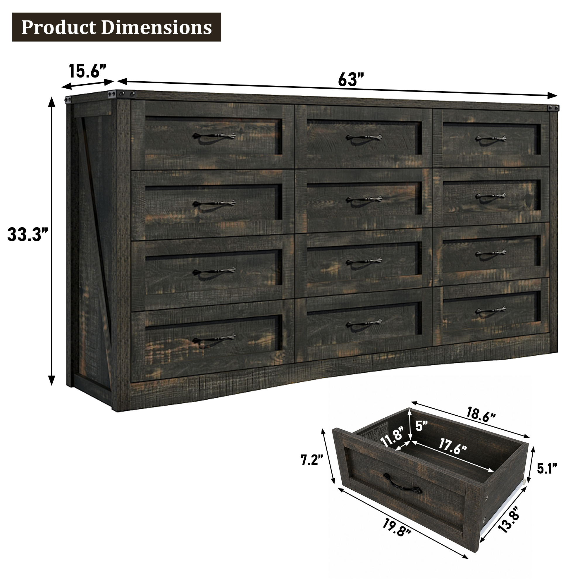 ANPOO 63 Inch Wide Rustic Farmhouse 12 Drawer Dresser, Vintage Wood Chest with Built-in Multi Power Outlet, Wood Dresser for Bedroom, Living Room, Hallway