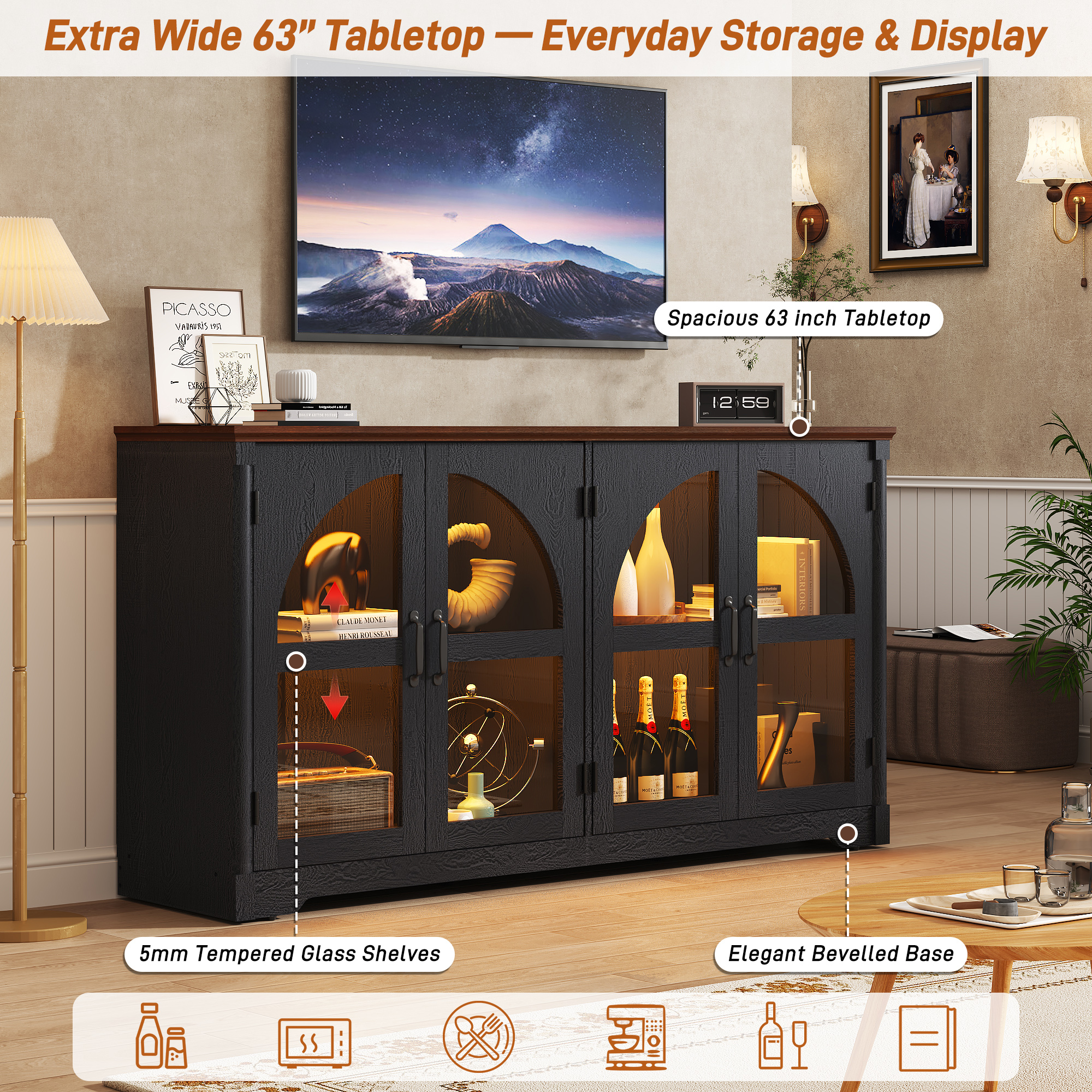 ChVans 63'' Farmhouse Sideboard Buffet Cabinet with LED Lights, Arched Glass Doors, Storage Credenza with Adjustable Tempered Glass Shelves, Accent Console Table for Kitchen, Living Room, Hallway