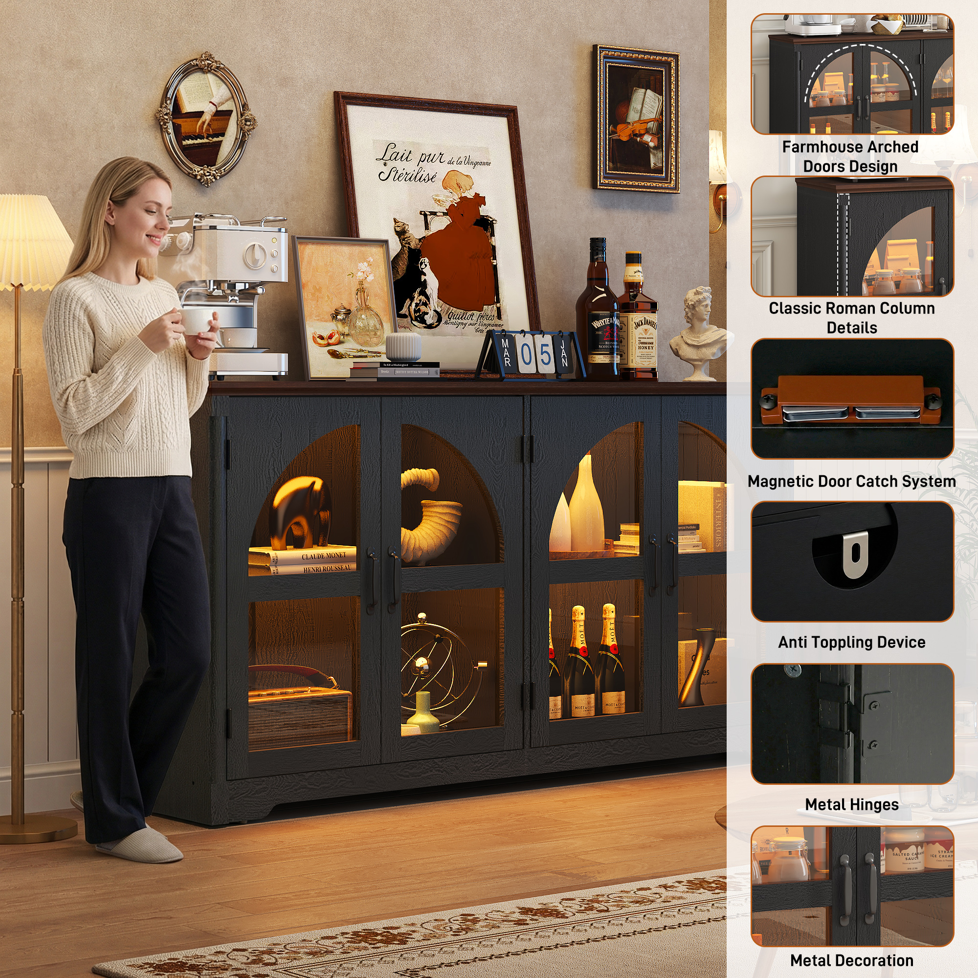 ChVans 63'' Farmhouse Sideboard Buffet Cabinet with LED Lights, Arched Glass Doors, Storage Credenza with Adjustable Tempered Glass Shelves, Accent Console Table for Kitchen, Living Room, Hallway