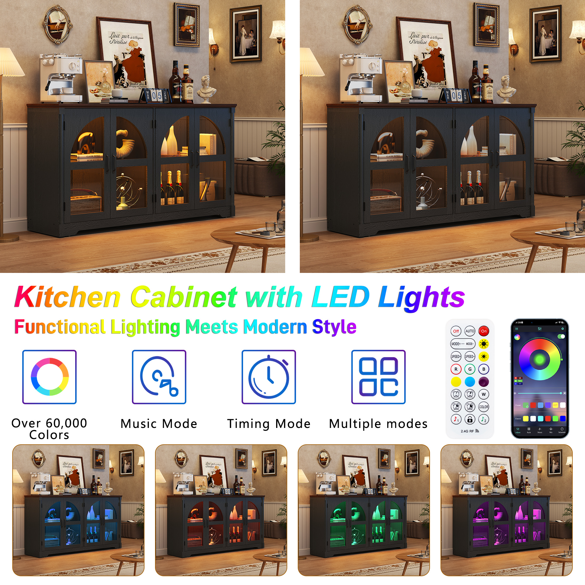 ChVans 63'' Farmhouse Sideboard Buffet Cabinet with LED Lights, Arched Glass Doors, Storage Credenza with Adjustable Tempered Glass Shelves, Accent Console Table for Kitchen, Living Room, Hallway