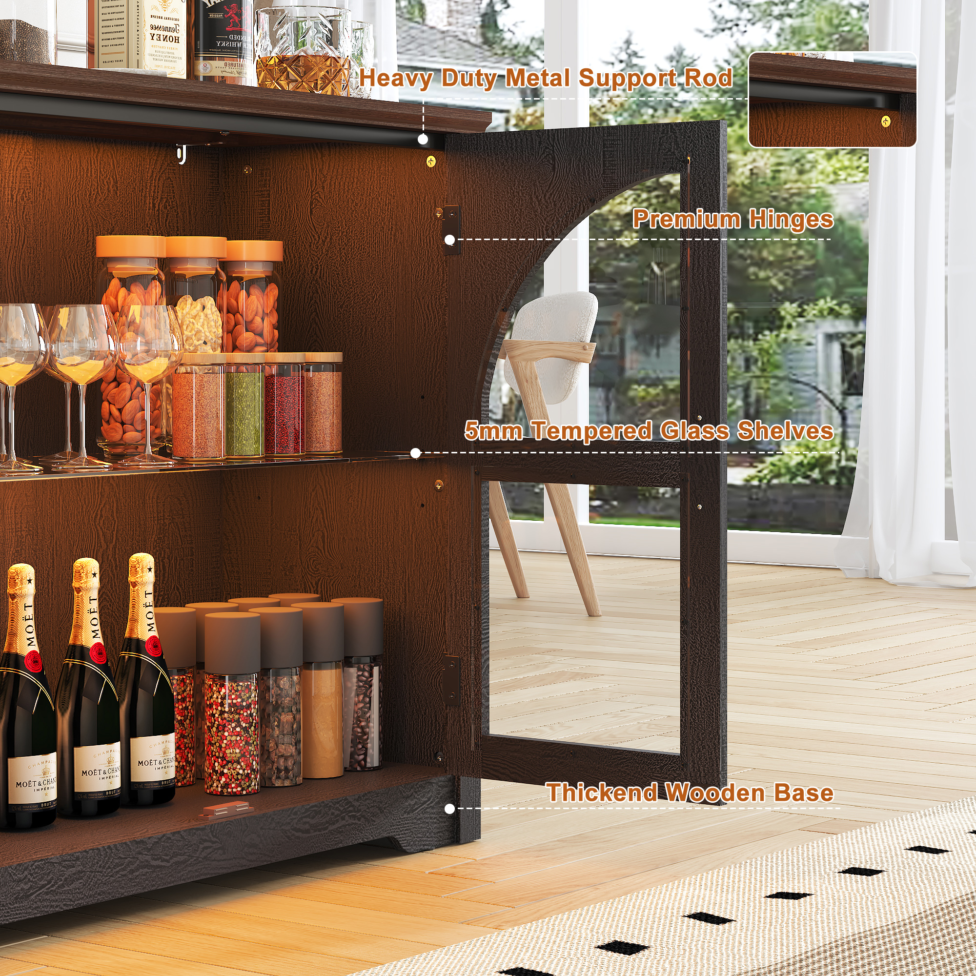 ChVans 63'' Farmhouse Sideboard Buffet Cabinet with LED Lights, Arched Glass Doors, Storage Credenza with Adjustable Tempered Glass Shelves, Accent Console Table for Kitchen, Living Room, Hallway