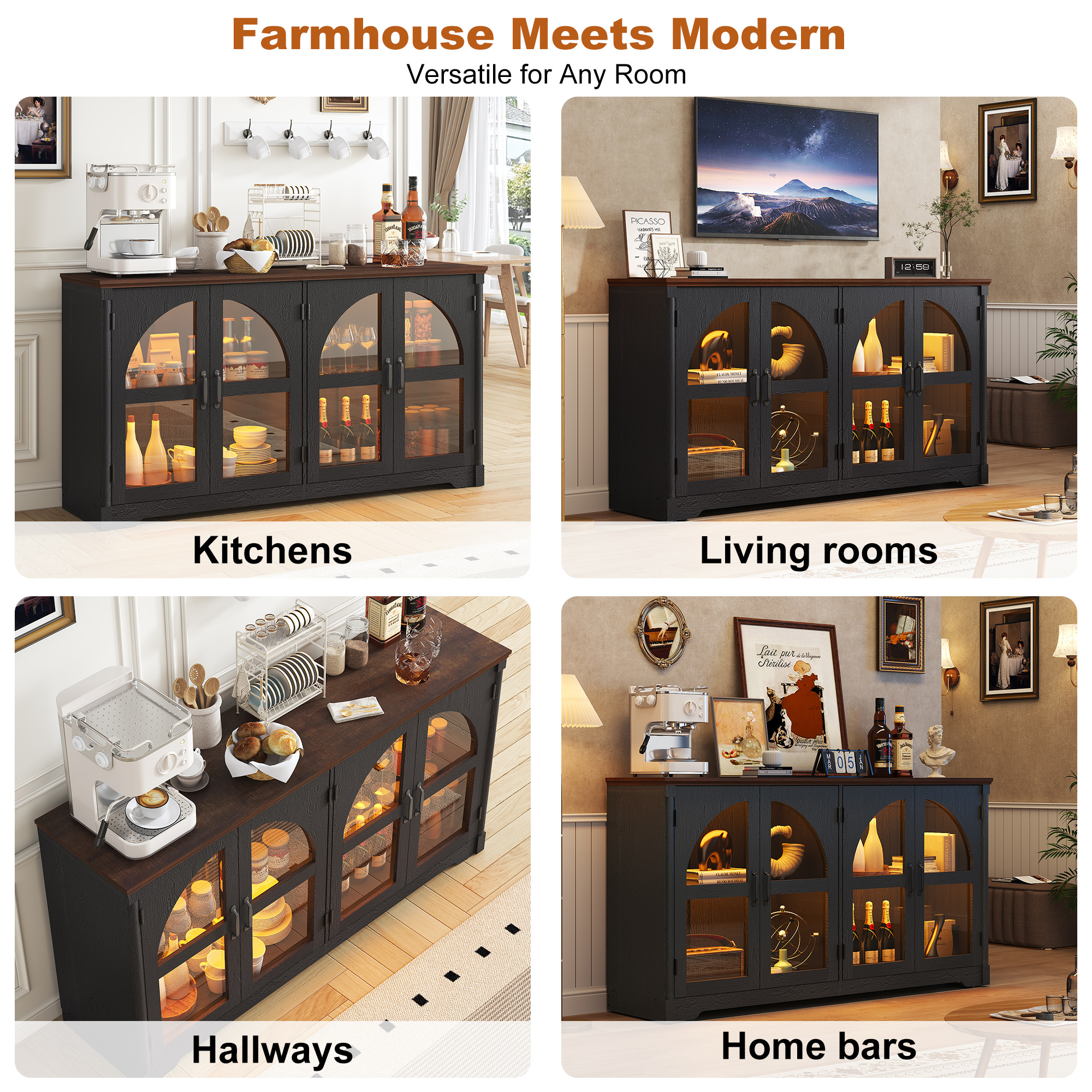 ChVans 63'' Farmhouse Sideboard Buffet Cabinet with LED Lights, Arched Glass Doors, Storage Credenza with Adjustable Tempered Glass Shelves, Accent Console Table for Kitchen, Living Room, Hallway