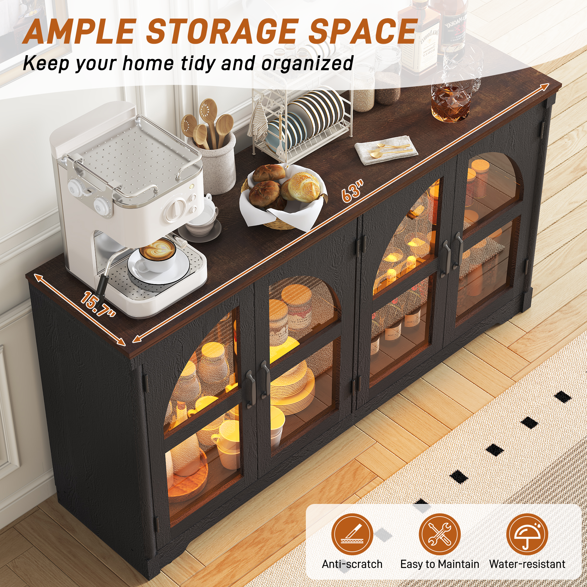 ChVans 63'' Farmhouse Sideboard Buffet Cabinet with LED Lights, Arched Glass Doors, Storage Credenza with Adjustable Tempered Glass Shelves, Accent Console Table for Kitchen, Living Room, Hallway