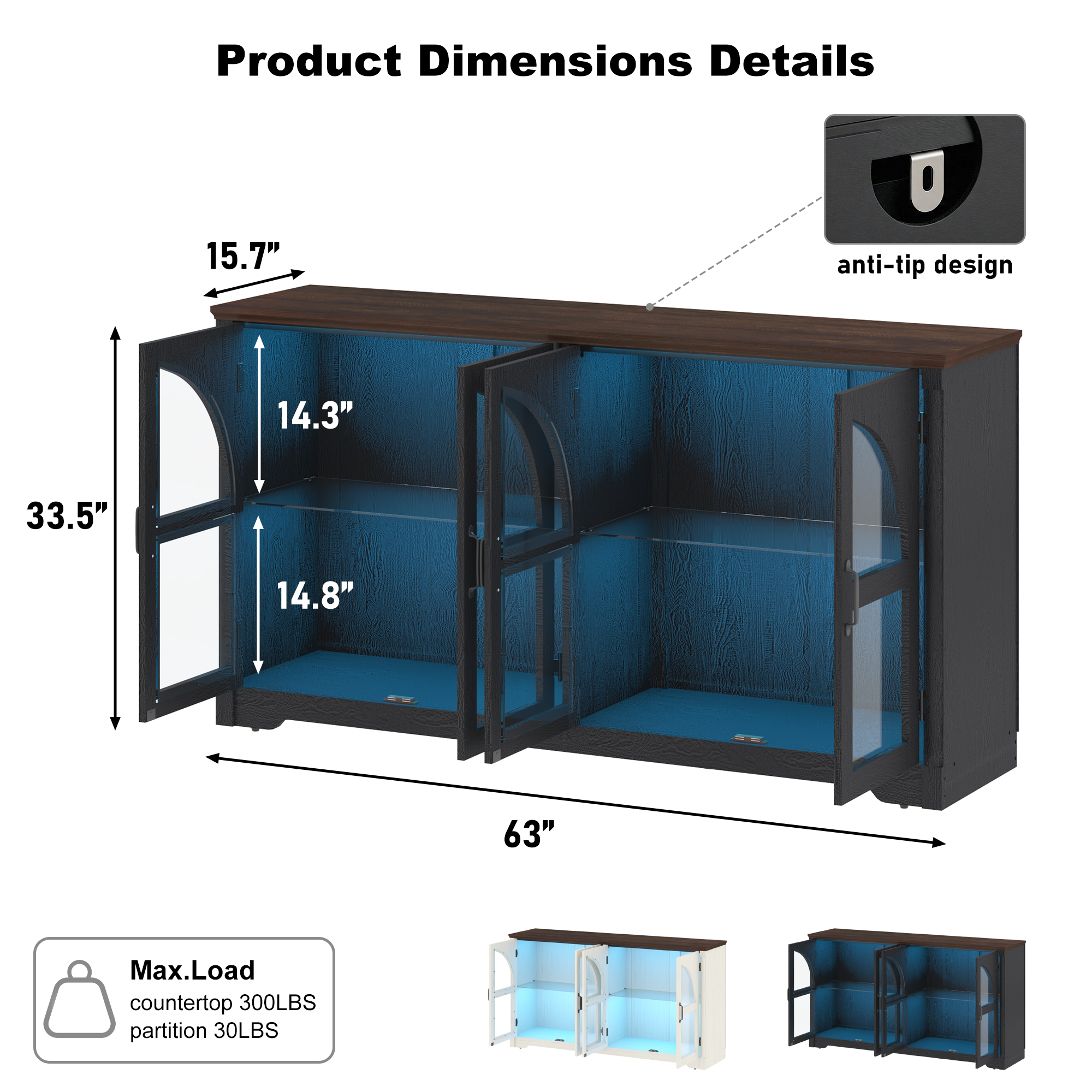 ChVans 63'' Farmhouse Sideboard Buffet Cabinet with LED Lights, Arched Glass Doors, Storage Credenza with Adjustable Tempered Glass Shelves, Accent Console Table for Kitchen, Living Room, Hallway