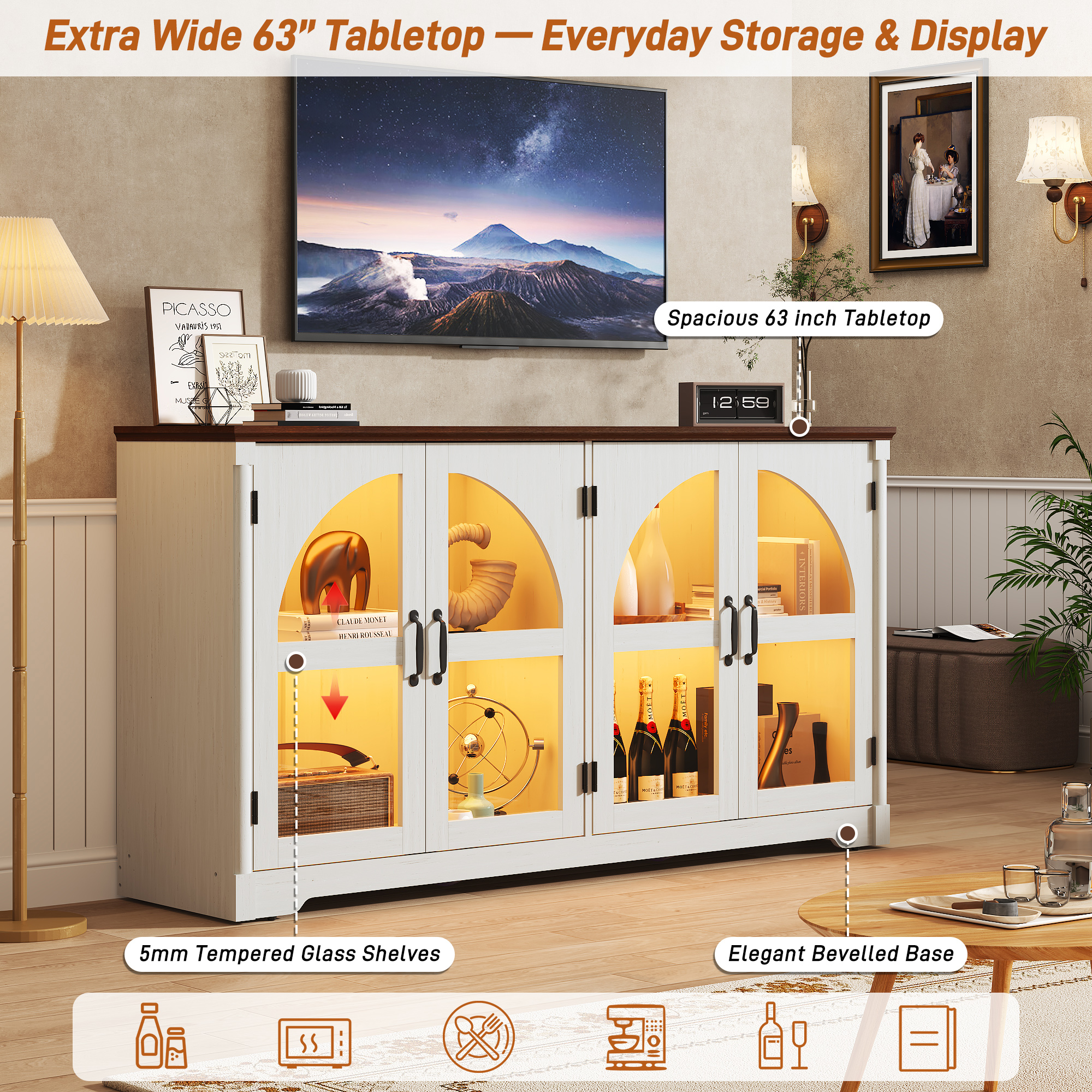 ChVans 63'' Farmhouse Sideboard Buffet Cabinet with LED Lights, Arched Glass Doors, Storage Credenza with Adjustable Tempered Glass Shelves, Accent Console Table for Kitchen, Living Room, Hallway