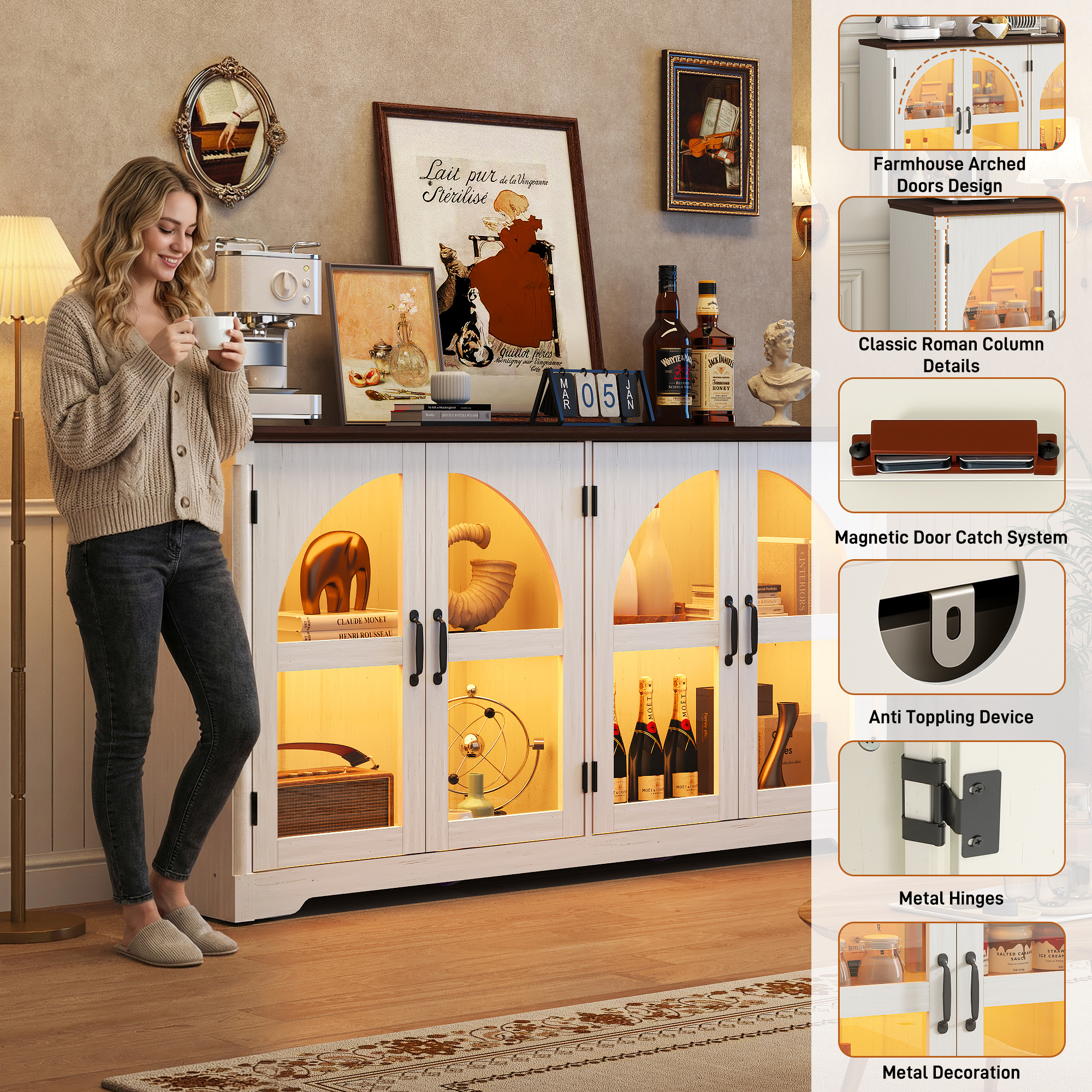 ChVans 63'' Farmhouse Sideboard Buffet Cabinet with LED Lights, Arched Glass Doors, Storage Credenza with Adjustable Tempered Glass Shelves, Accent Console Table for Kitchen, Living Room, Hallway