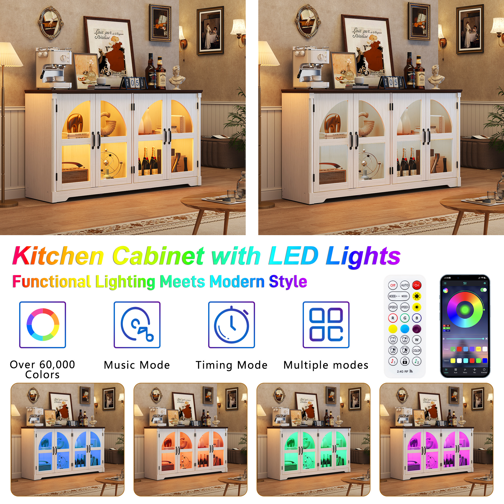 ChVans 63'' Farmhouse Sideboard Buffet Cabinet with LED Lights, Arched Glass Doors, Storage Credenza with Adjustable Tempered Glass Shelves, Accent Console Table for Kitchen, Living Room, Hallway