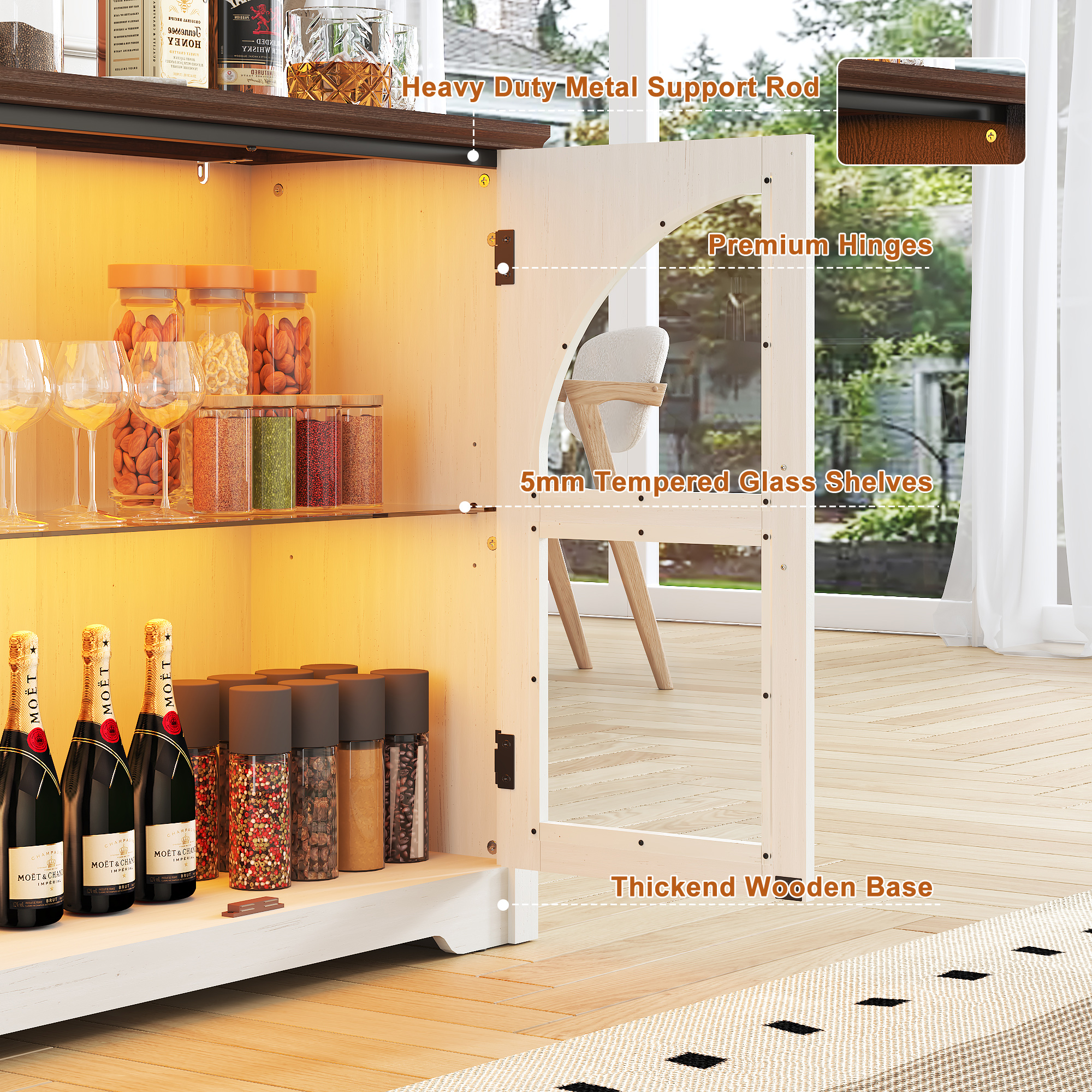 ChVans 63'' Farmhouse Sideboard Buffet Cabinet with LED Lights, Arched Glass Doors, Storage Credenza with Adjustable Tempered Glass Shelves, Accent Console Table for Kitchen, Living Room, Hallway