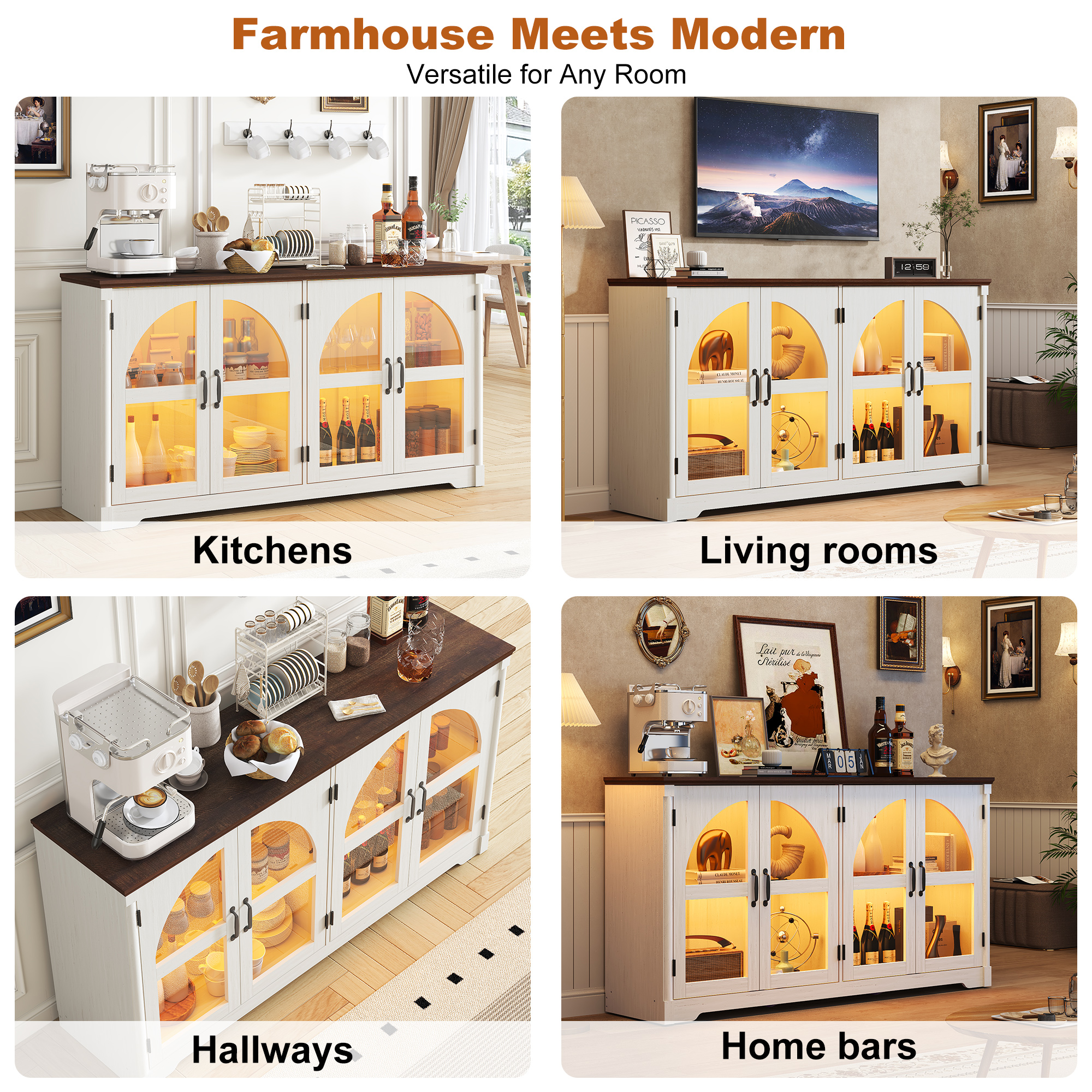 ChVans 63'' Farmhouse Sideboard Buffet Cabinet with LED Lights, Arched Glass Doors, Storage Credenza with Adjustable Tempered Glass Shelves, Accent Console Table for Kitchen, Living Room, Hallway