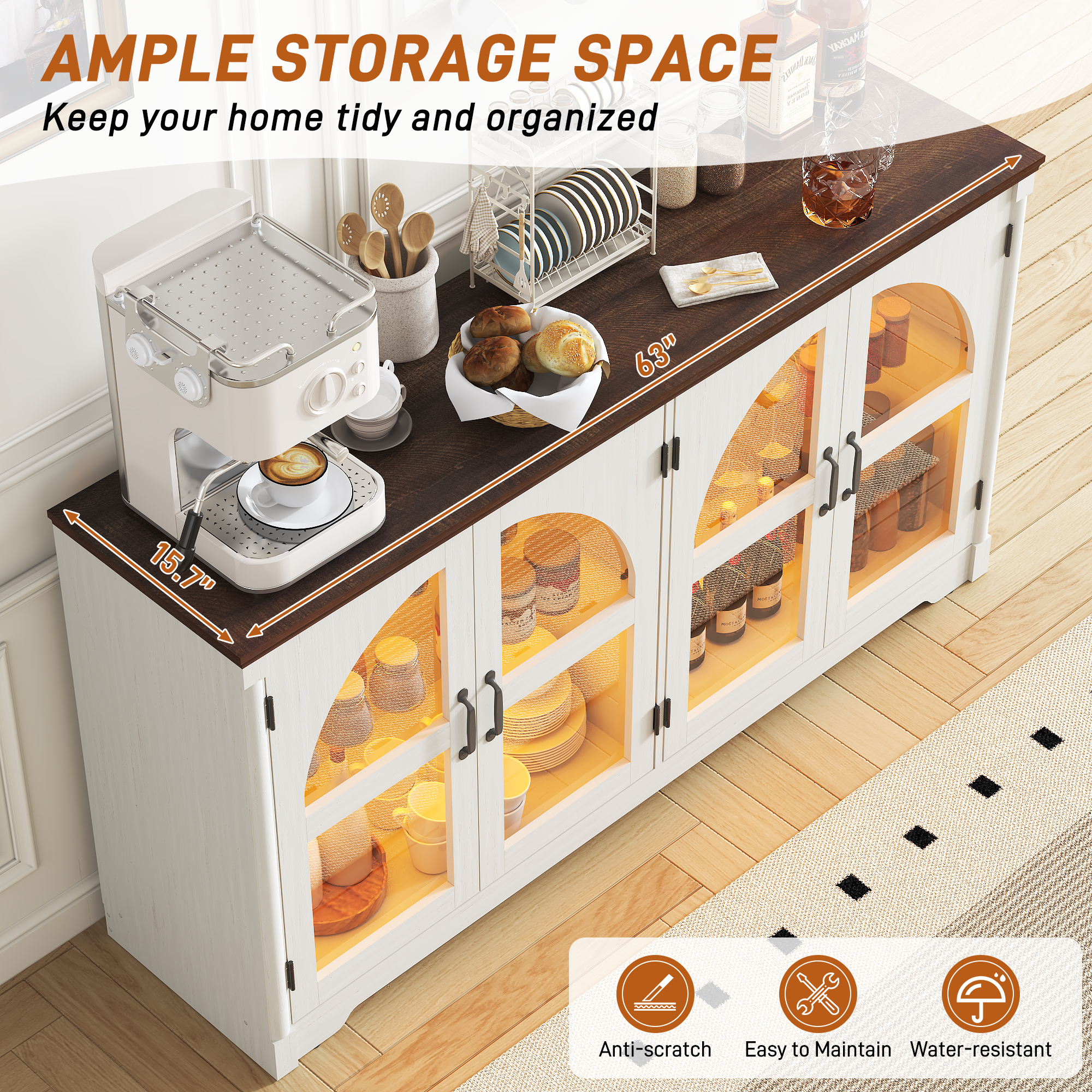 ChVans 63'' Farmhouse Sideboard Buffet Cabinet with LED Lights, Arched Glass Doors, Storage Credenza with Adjustable Tempered Glass Shelves, Accent Console Table for Kitchen, Living Room, Hallway