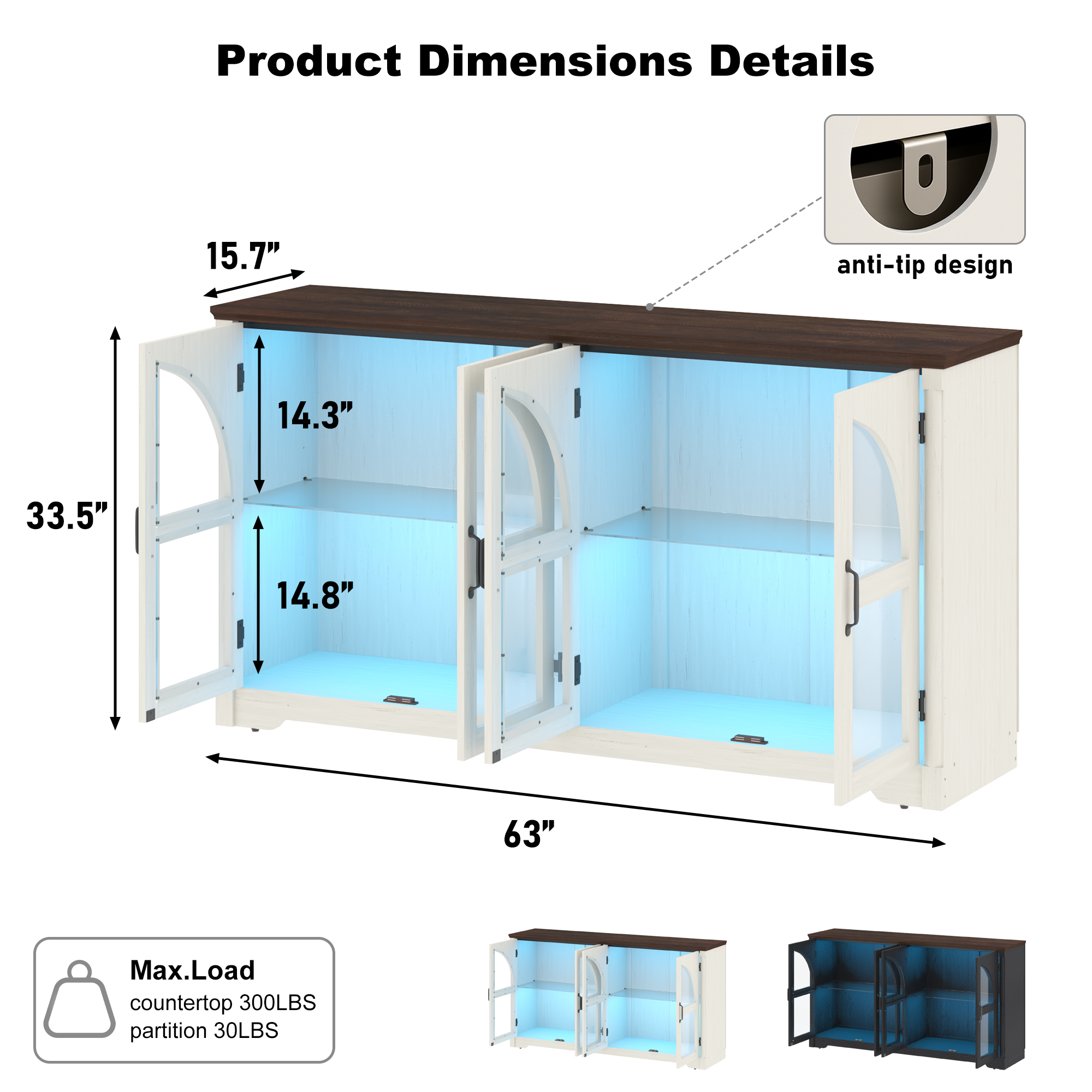 ChVans 63'' Farmhouse Sideboard Buffet Cabinet with LED Lights, Arched Glass Doors, Storage Credenza with Adjustable Tempered Glass Shelves, Accent Console Table for Kitchen, Living Room, Hallway