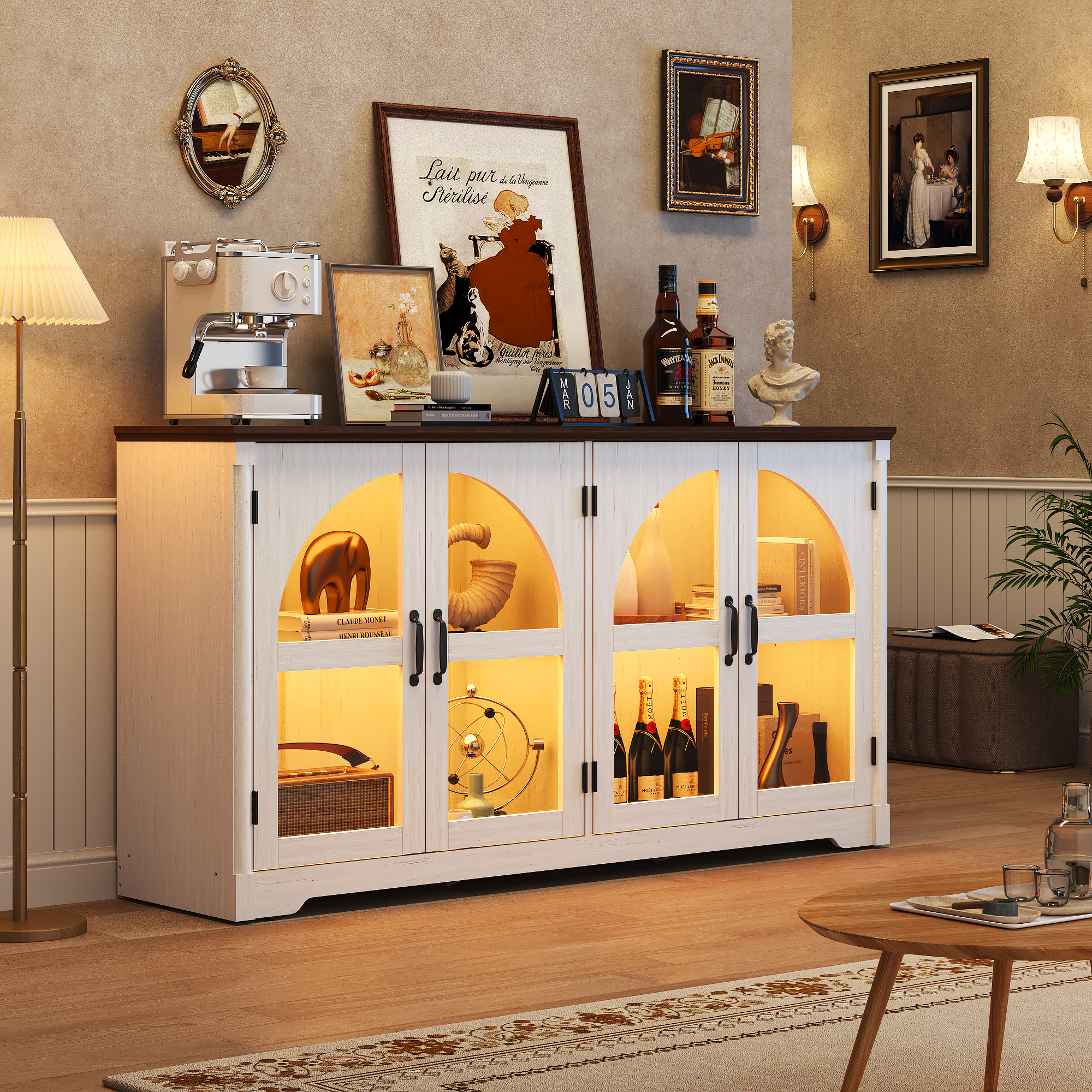 ChVans 63'' Farmhouse Sideboard Buffet Cabinet with LED Lights, Arched Glass Doors, Storage Credenza with Adjustable Tempered Glass Shelves, Accent Console Table for Kitchen, Living Room, Hallway