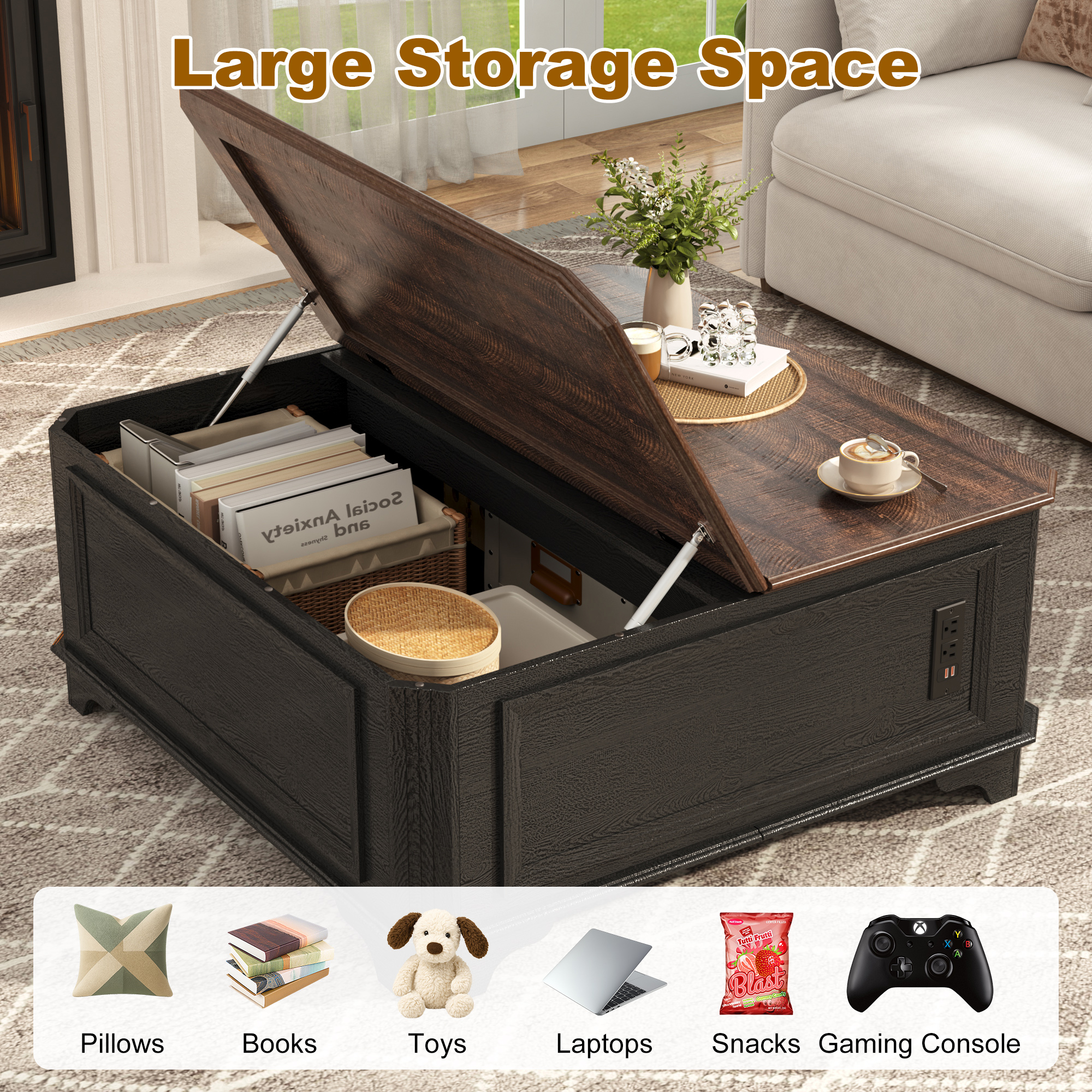 40" Farmhouse Lift Top Coffee Table with Charging Station, Square Wood Center Table with Large Hidden Storage Compartment for Living Room