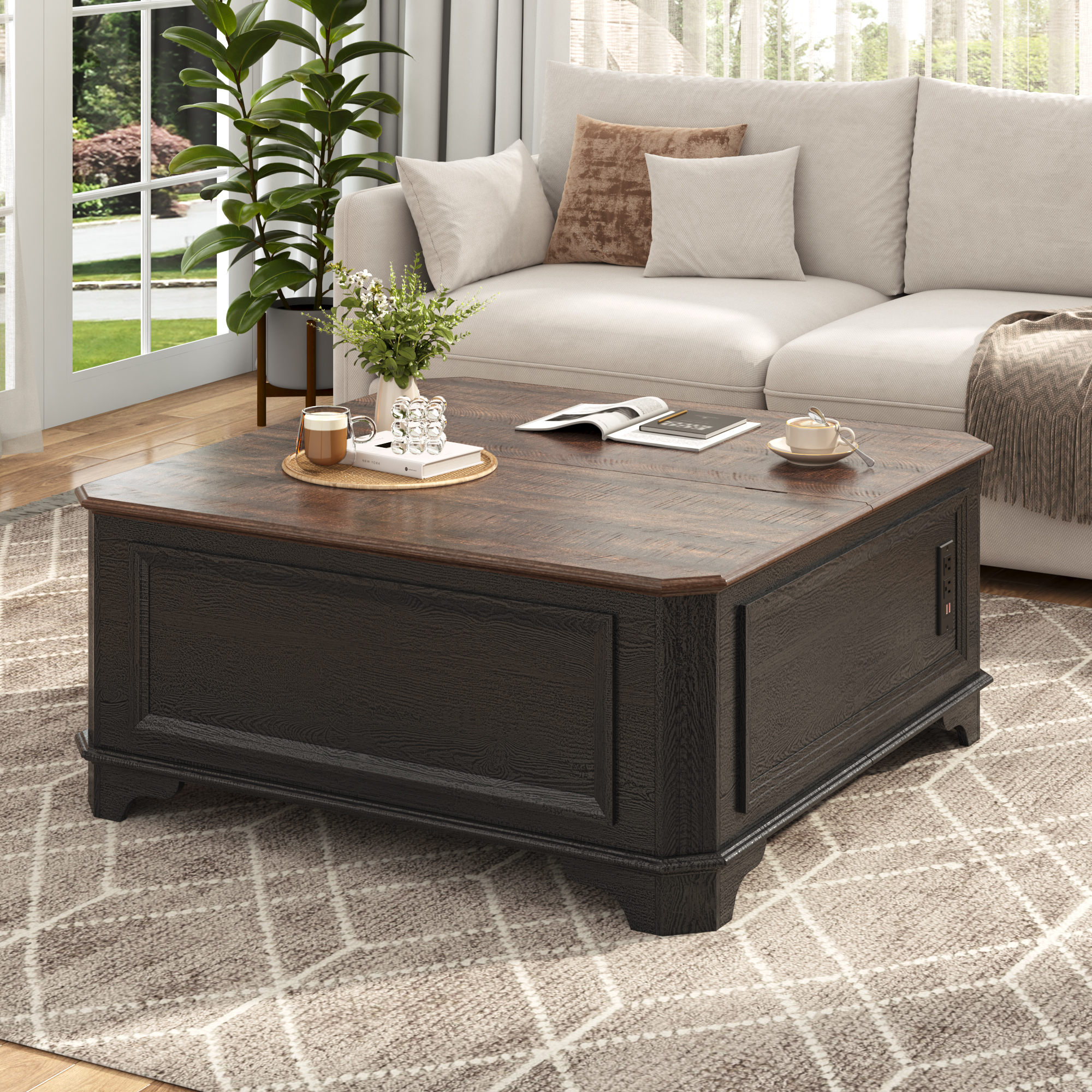 40" Farmhouse Lift Top Coffee Table with Charging Station, Square Wood Center Table with Large Hidden Storage Compartment for Living Room