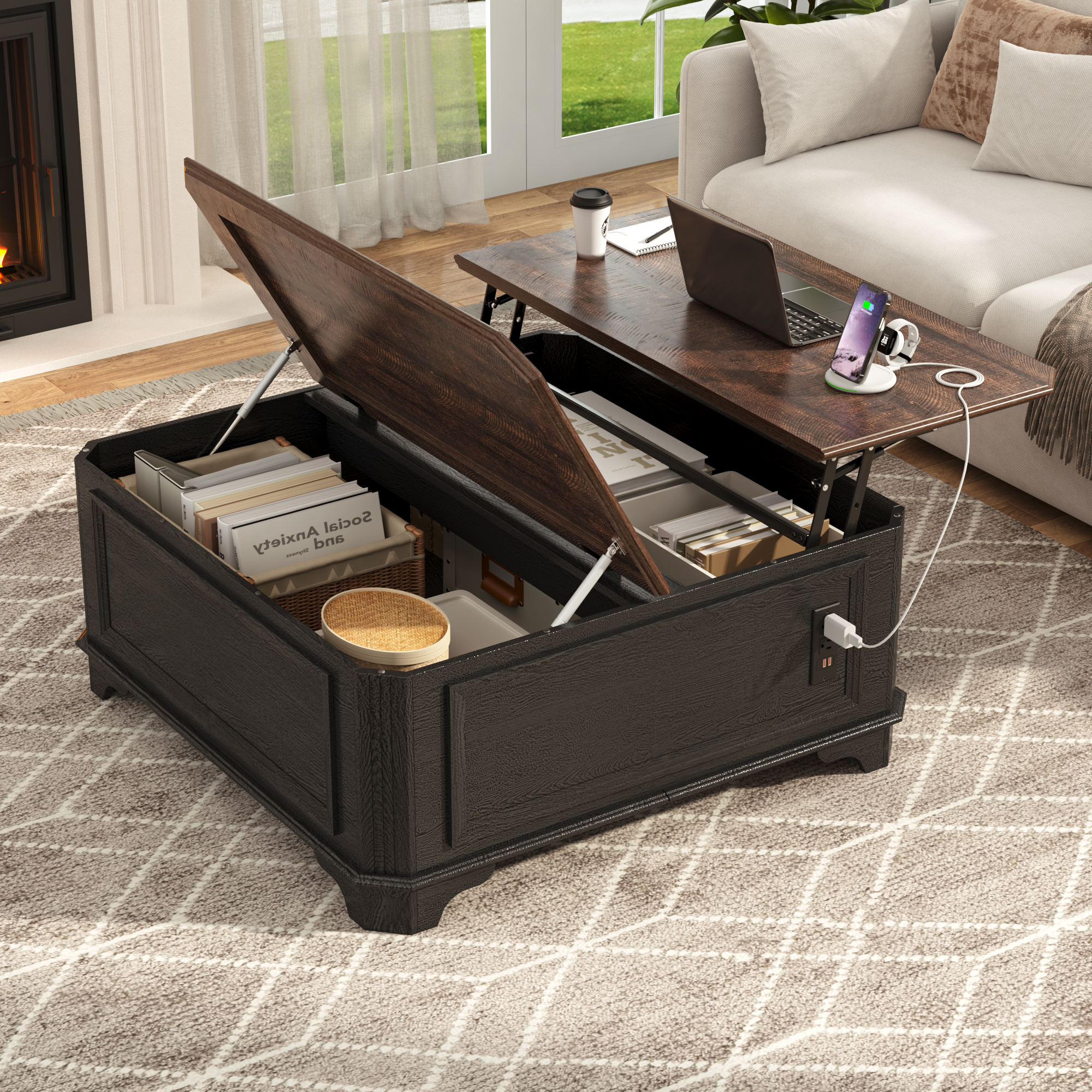 40" Farmhouse Lift Top Coffee Table with Charging Station, Square Wood Center Table with Large Hidden Storage Compartment for Living Room