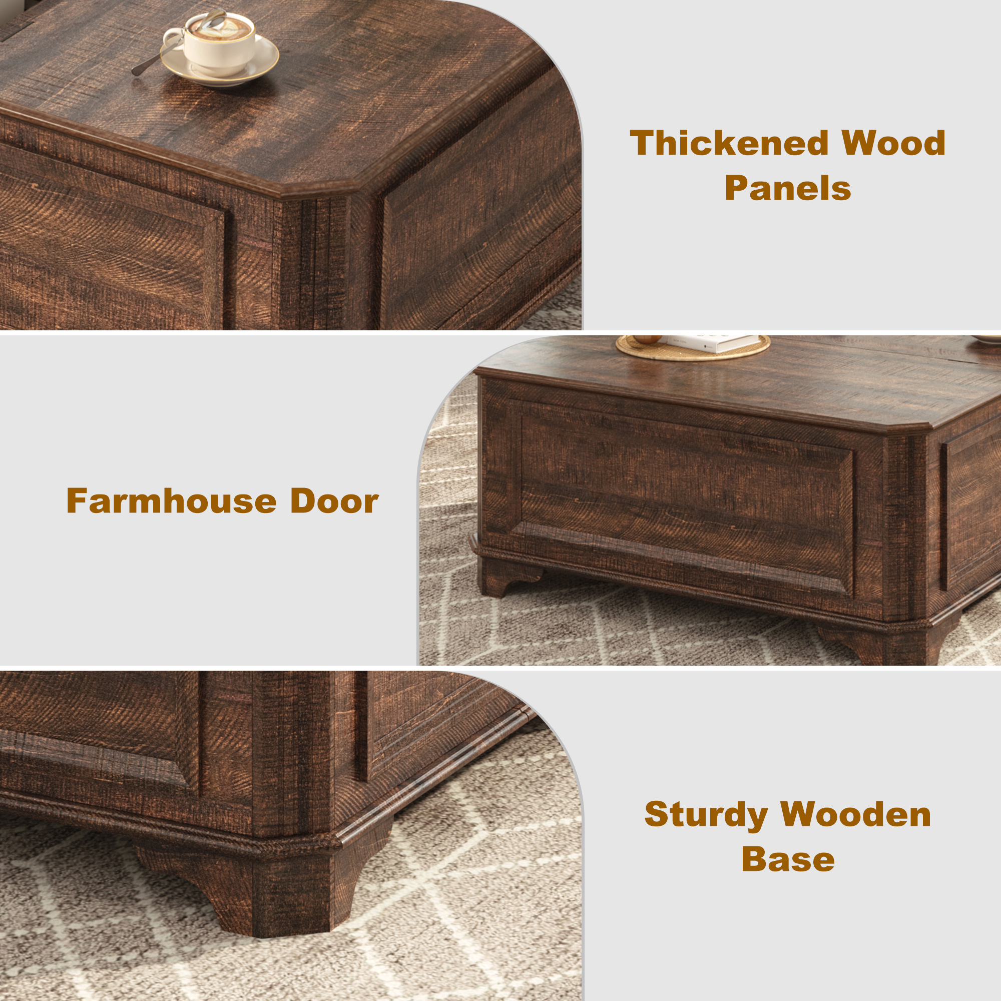 40" Farmhouse Lift Top Coffee Table with Charging Station, Square Wood Center Table with Large Hidden Storage Compartment for Living Room