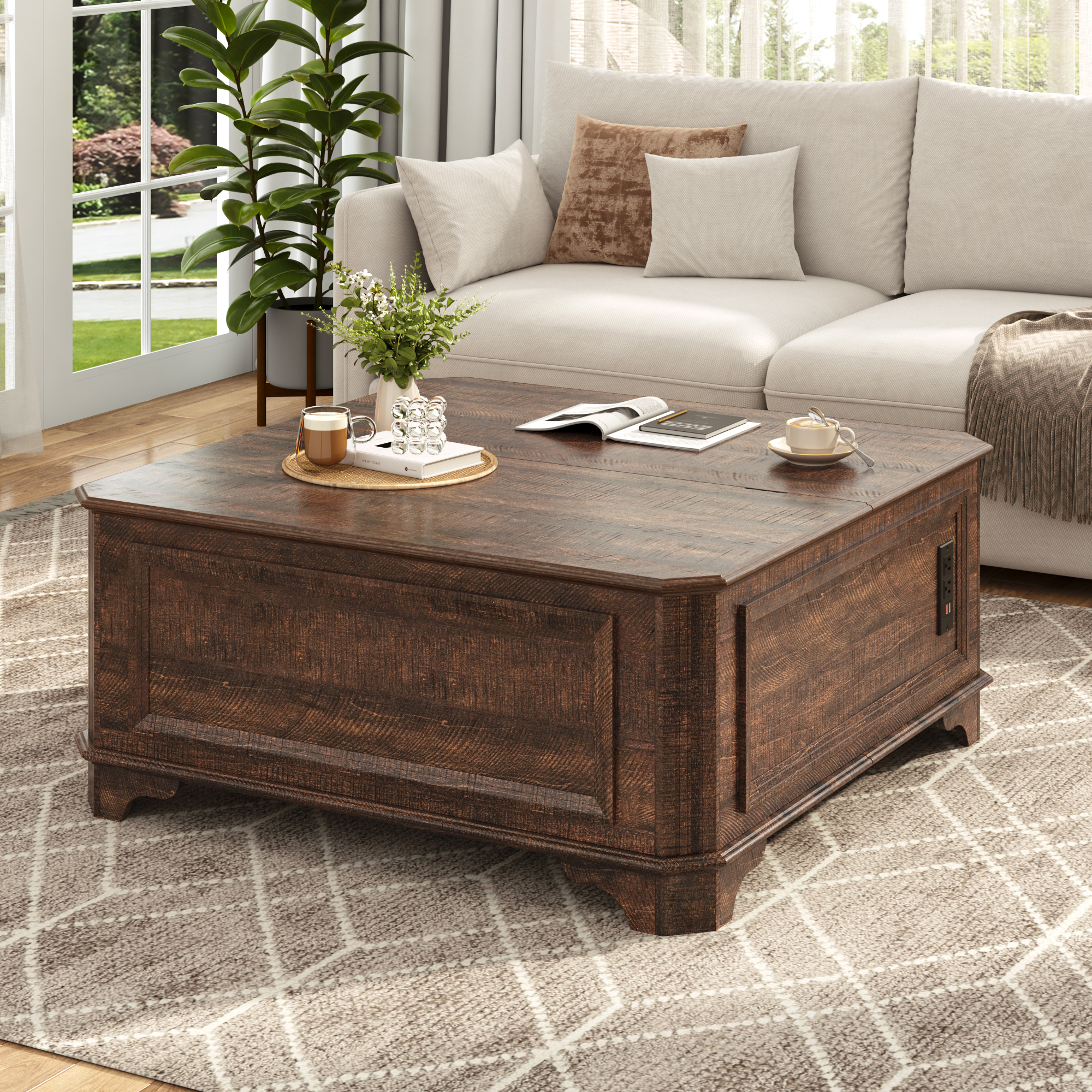 40" Farmhouse Lift Top Coffee Table with Charging Station, Square Wood Center Table with Large Hidden Storage Compartment for Living Room