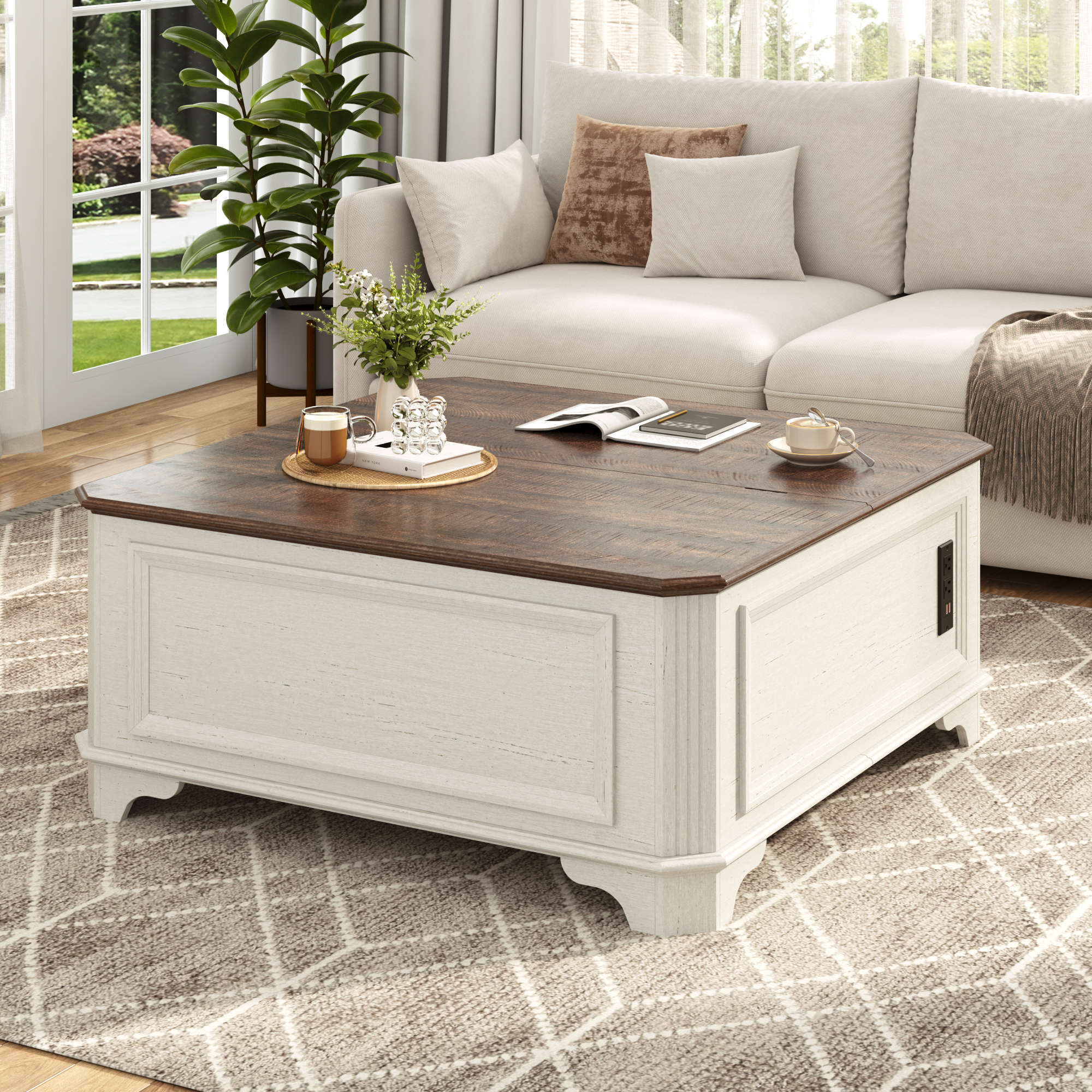 40" Farmhouse Lift Top Coffee Table with Charging Station, Square Wood Center Table with Large Hidden Storage Compartment for Living Room