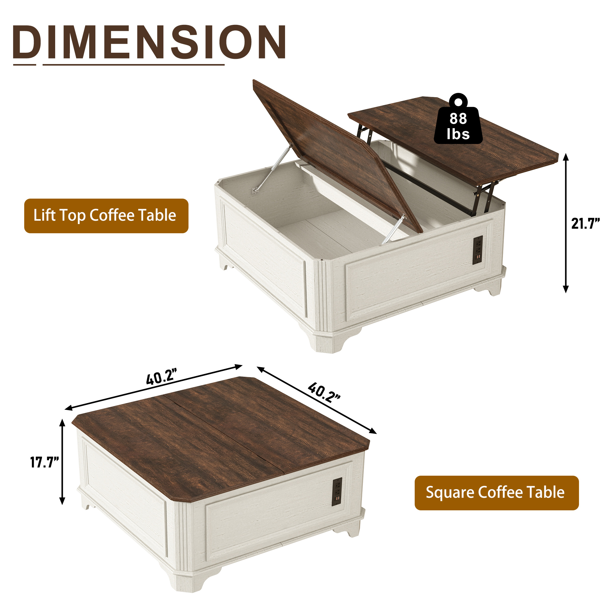 40" Farmhouse Lift Top Coffee Table with Charging Station, Square Wood Center Table with Large Hidden Storage Compartment for Living Room