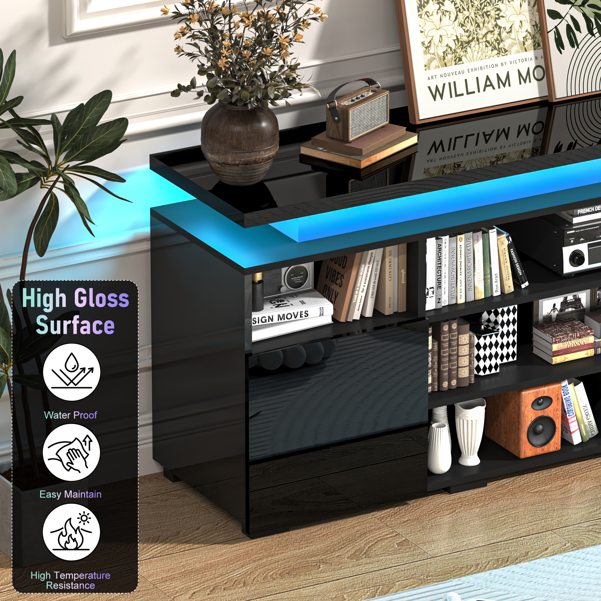 LED TV Stand for TVs up to 80",Entertainment Center with Power Outlet,Modern Floating Gaming Media Console with Open Shelves and 2 Storage Cabinets,Black