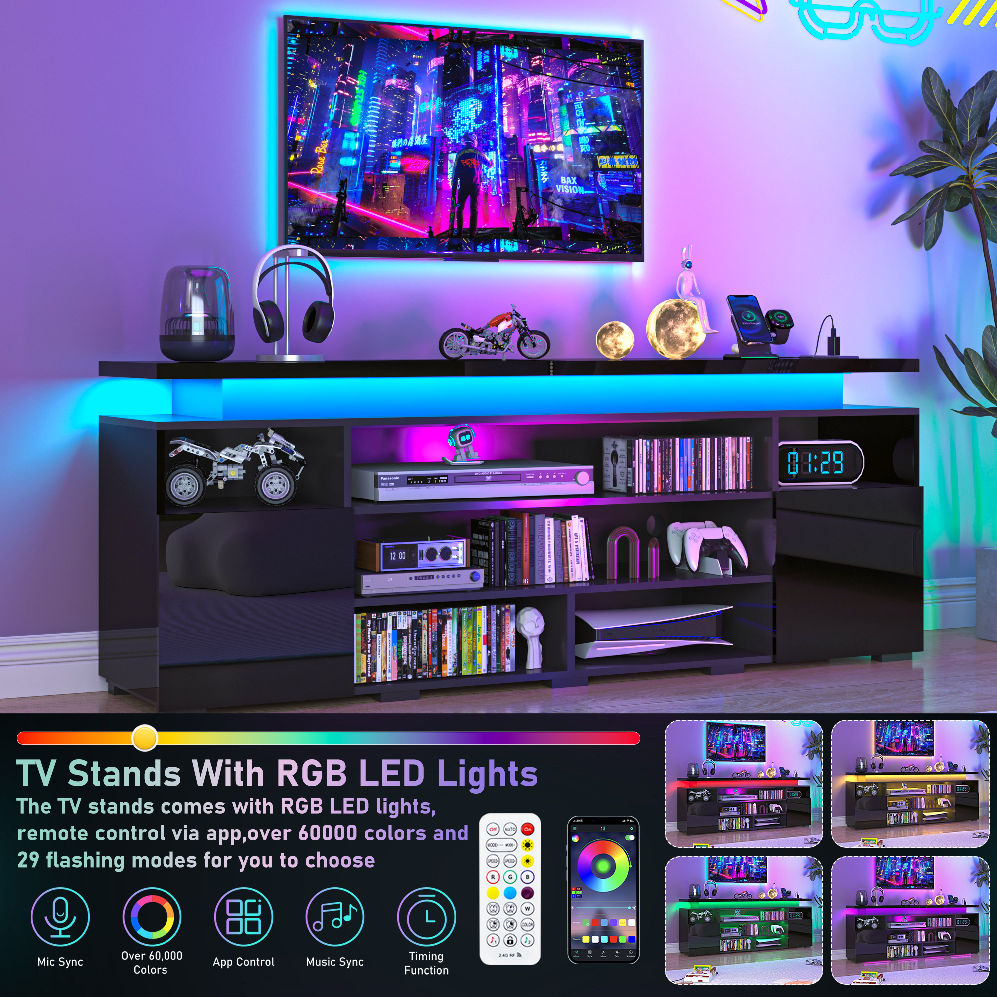 LED TV Stand for TVs up to 80",Entertainment Center with Power Outlet,Modern Floating Gaming Media Console with Open Shelves and 2 Storage Cabinets,Black