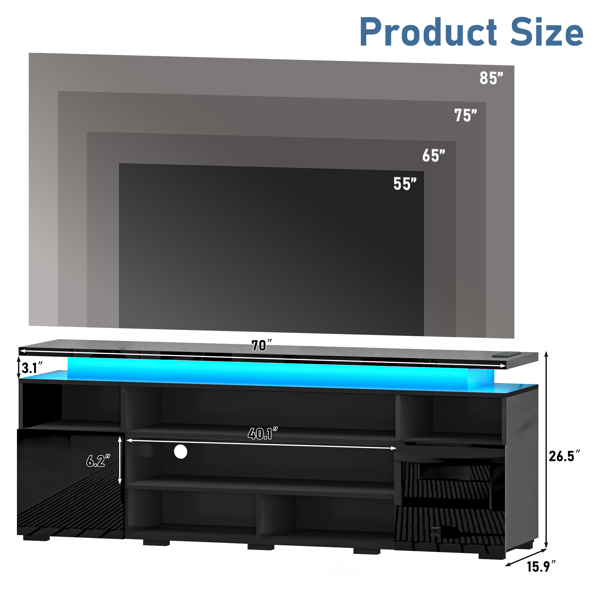 LED TV Stand for TVs up to 80",Entertainment Center with Power Outlet,Modern Floating Gaming Media Console with Open Shelves and 2 Storage Cabinets,Black
